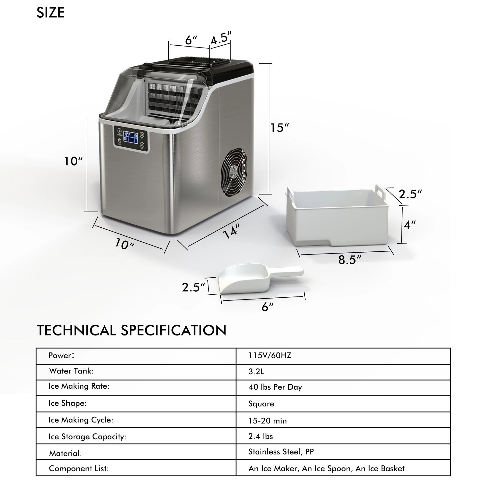 SlickBlue Silver Countertop Ice Machine, 40 Lbs Daily, 3.2L Reservoir, Square Ice, 24H Timer