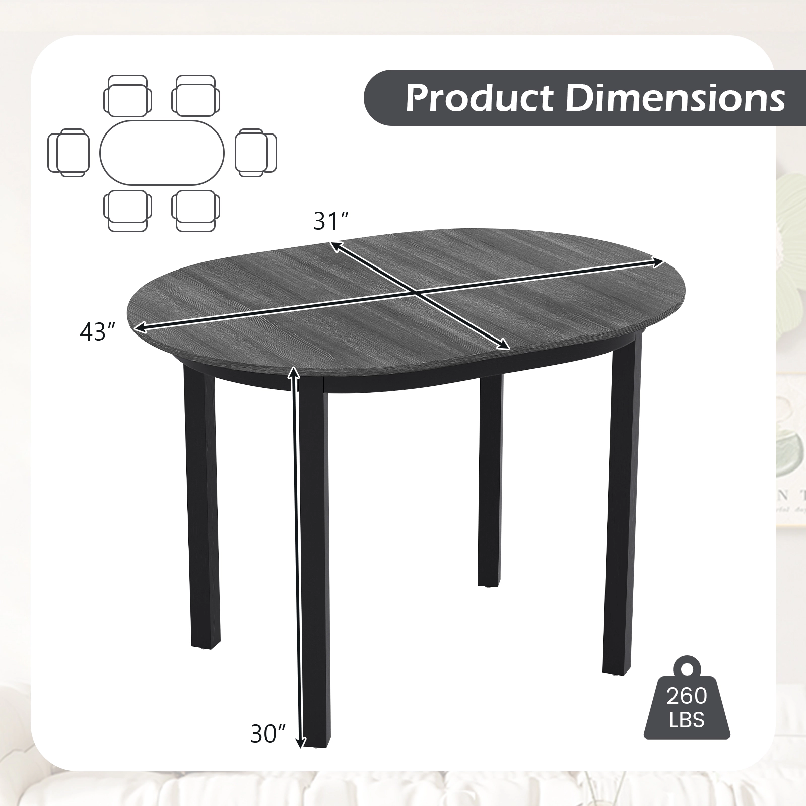 SUGIFT 43-in Rectangular Wooden Dining Table Rubber Wood Legs 260-lb Capacity 2-4 People 35.5-lb Net Weight Black + Dark