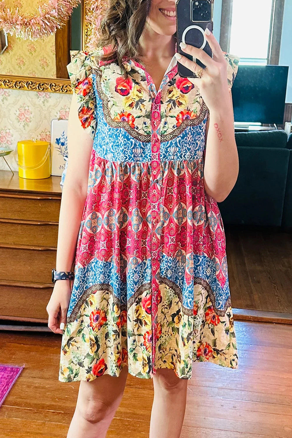 Threaded Pear Women's Dior Floral Mixed Pattern Buttoned Dress