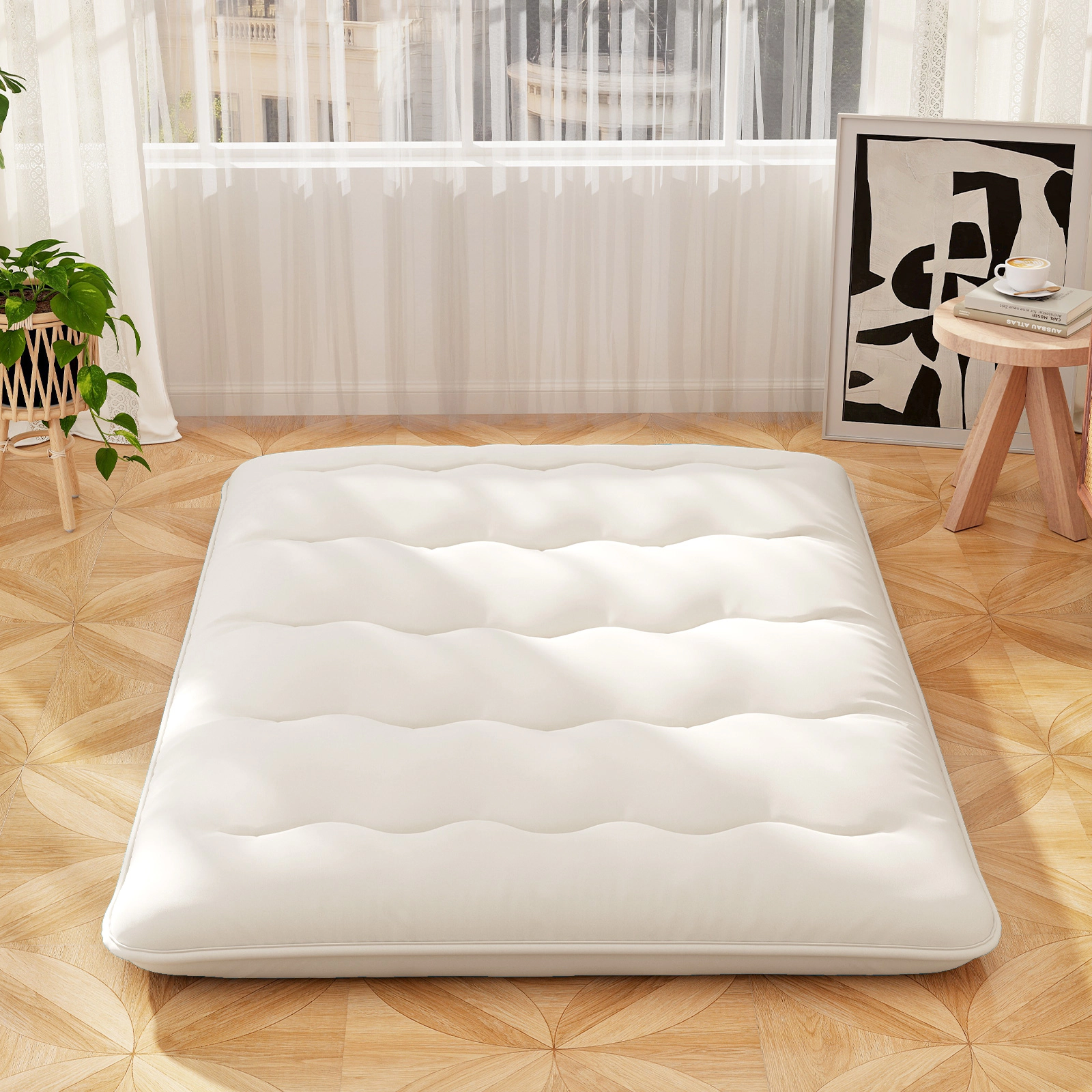 SUGIFT Twin Beige Japanese Floor Futon Mattress, 4-Inch Thick, 5-Layer Quilted Sleeping Pad