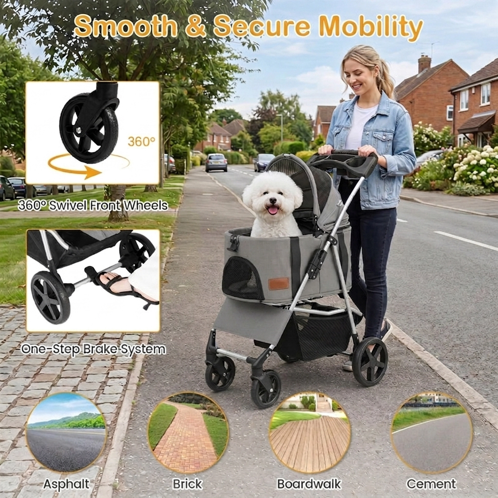 SUGIFT Gray 3-in-1 Pet Stroller with Detachable Carrier 18.5-in W 28.5-in D 39.5-in H 26.5-lb Cart Capacity