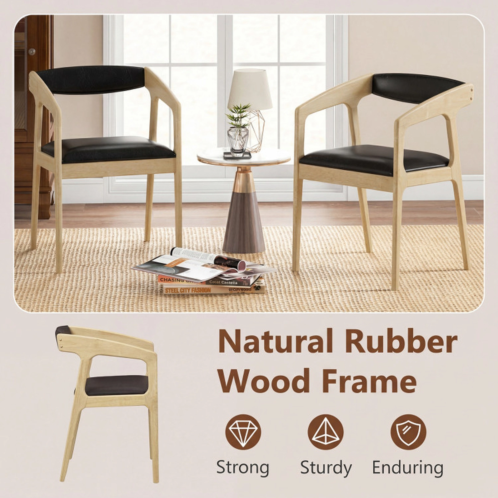 SUGIFT Set of 2 Brown Faux Leather Upholstered Dining Armchairs