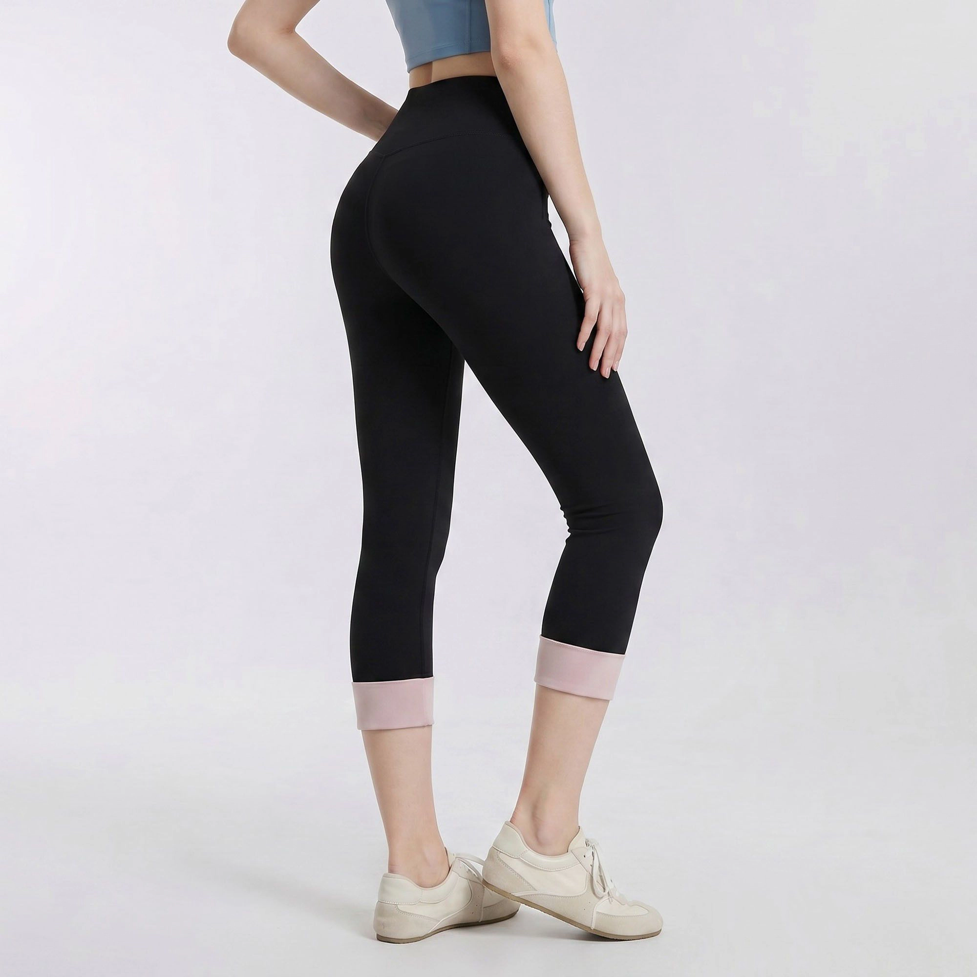 Anna-Kaci Women's High-Waist Capri Leggings with Folded Cuff Hem Wide Waistband Smooth Stretch Yoga Pants