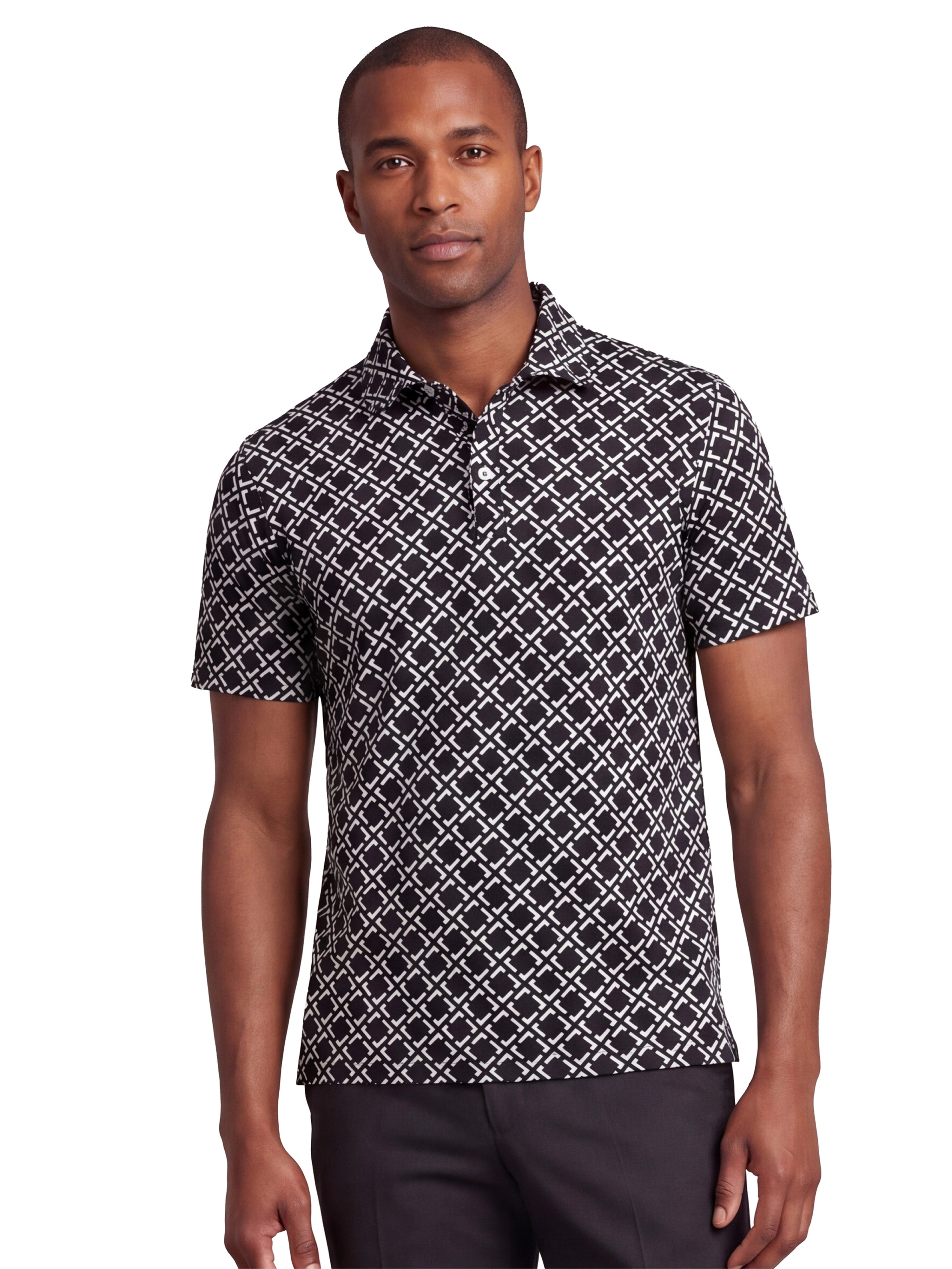 24sevenMen Wrinkle Resistant 3 Button Machine Washable Geometric Black Polo Shirt