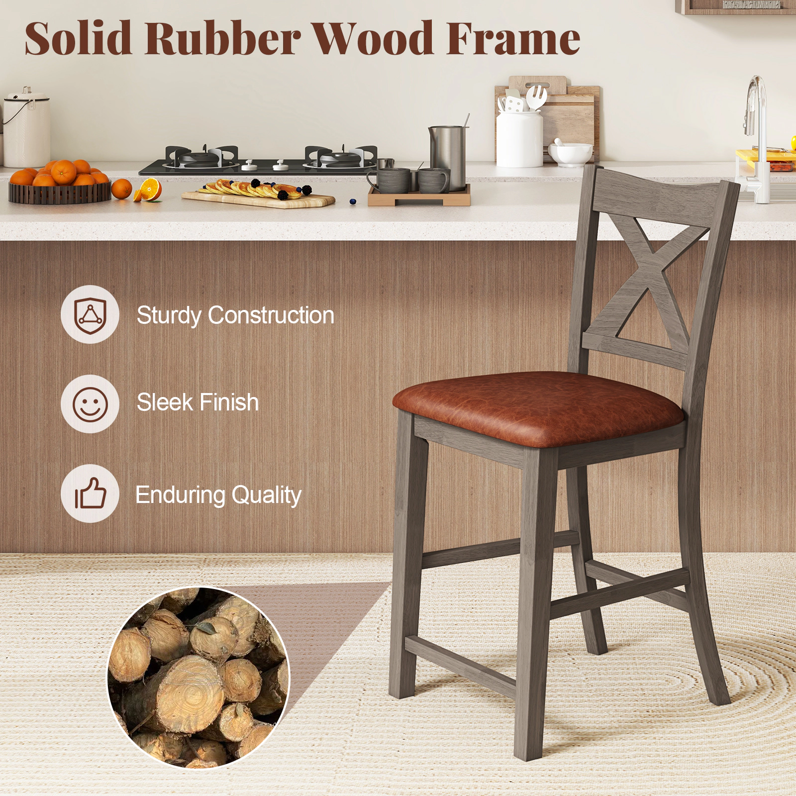 SUGIFT Faux Leather Upholstered Seat and Wood Frame Set of 2 Gray Cross Back Bar Stools