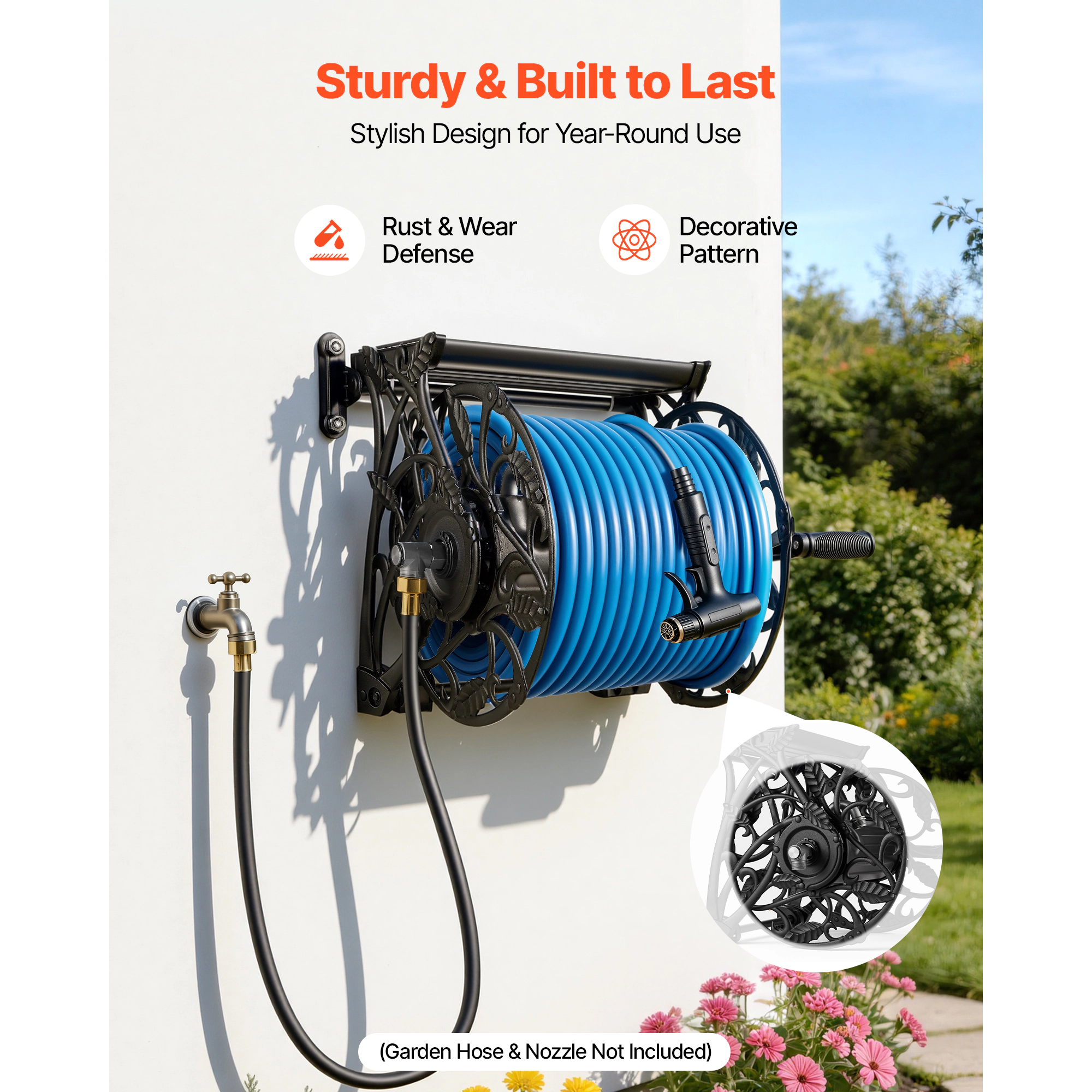 HONGGE Heavy-Duty Wall Mounted Garden Hose Reel Holds 5/8-inch Hose Outdoor Winder