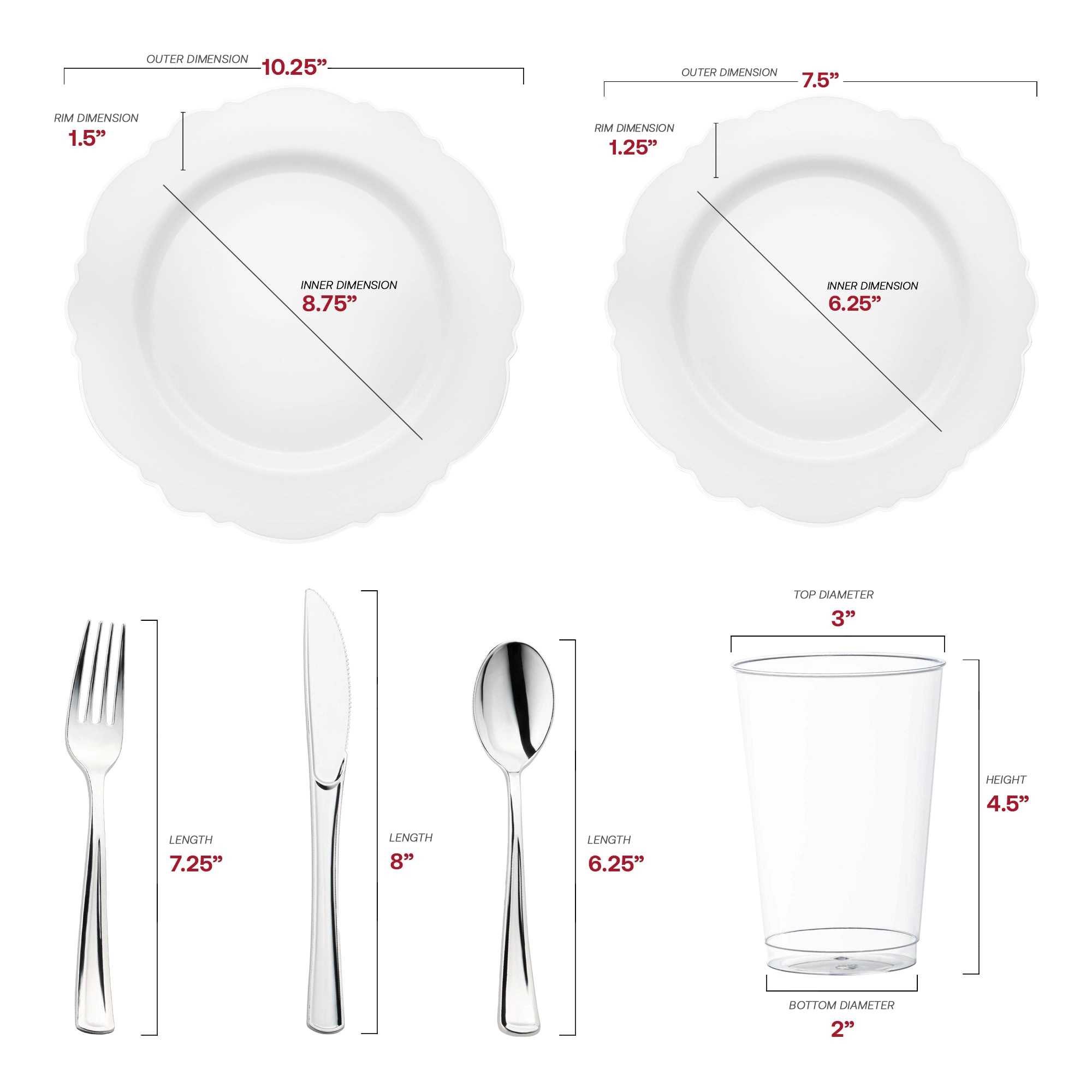 Smarty Had A Party White with Silver Rim Round Blossom Disposable Plastic Wedding Value Set