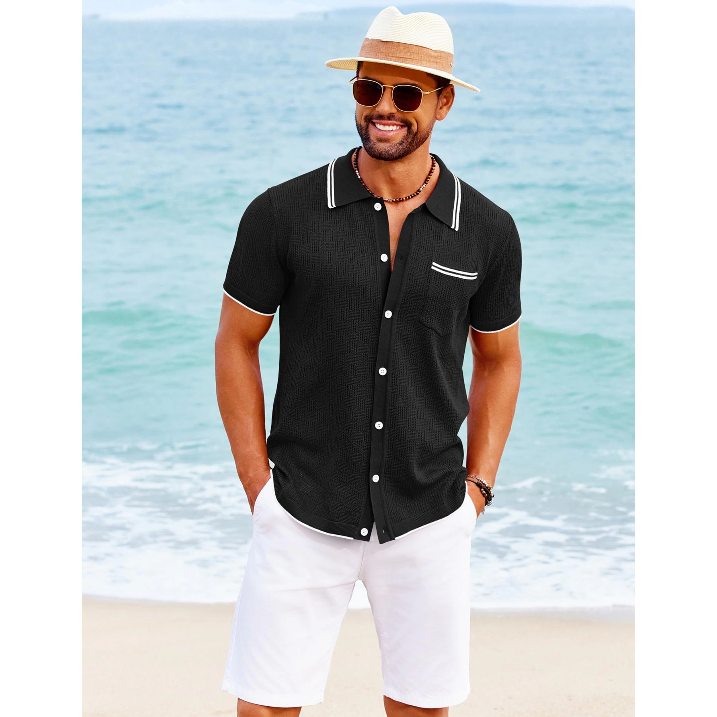 COOFANDY Mens Short Sleeve Button Down Shirts  Textured Collared Polo Tops