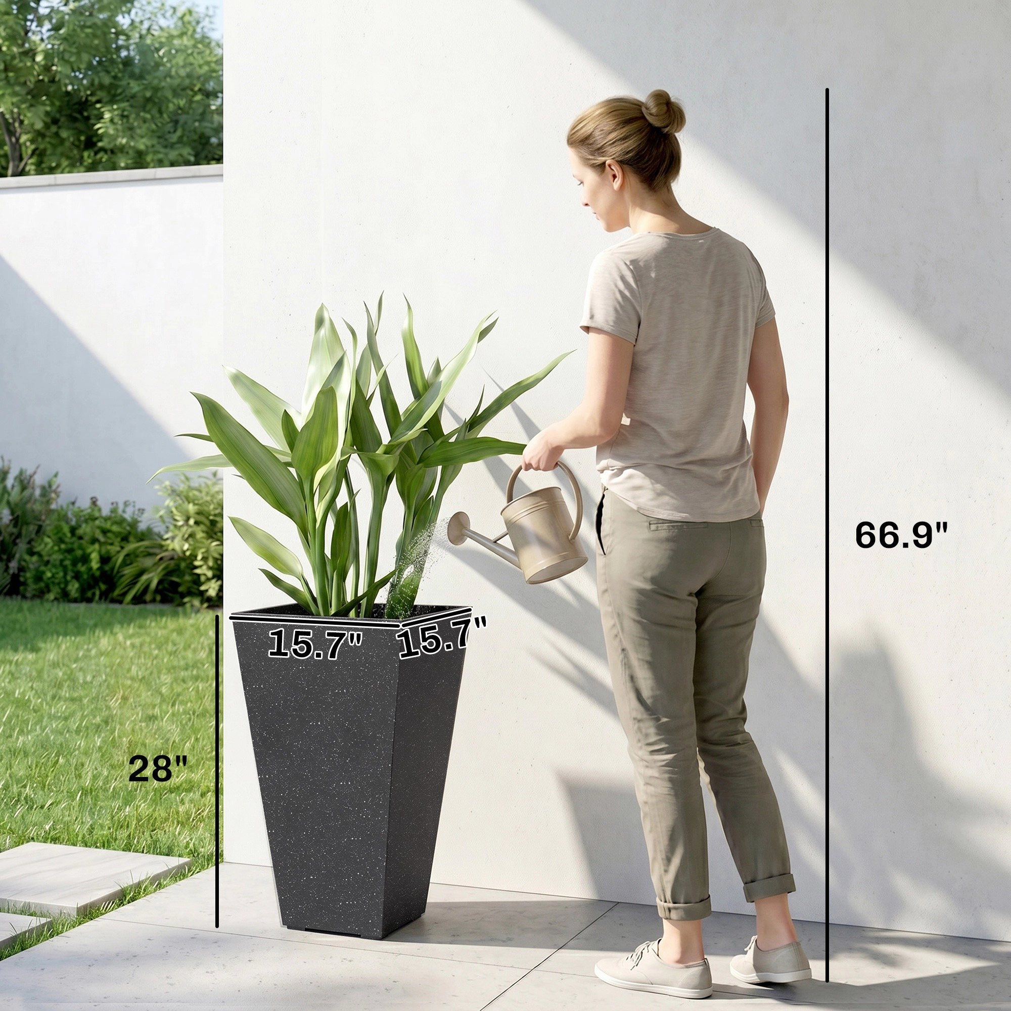 HONGGE 28" Tall Planters Set of 3 Plastic Flower Pots with Marble Finish and Drainage Holes Stackable Taper