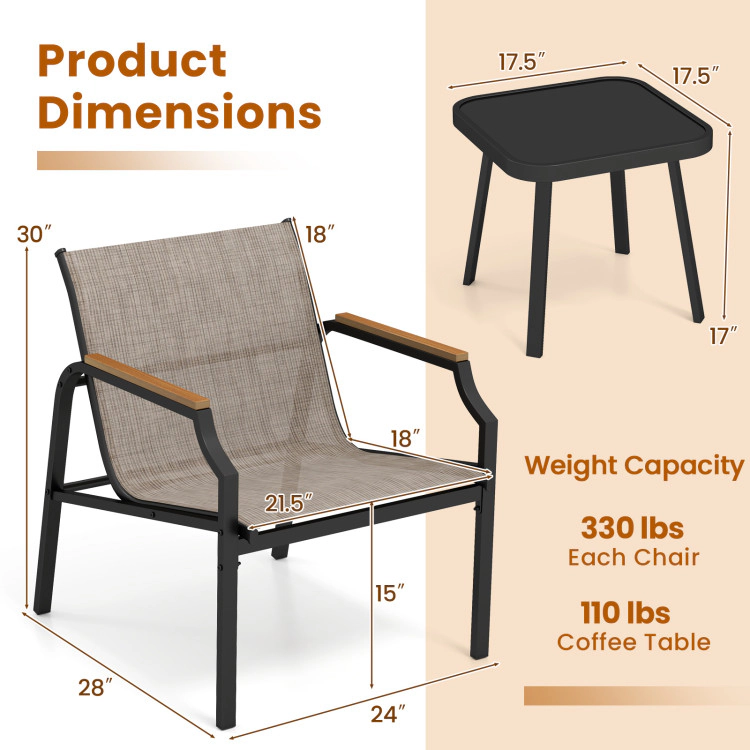 Hivvago 3 Piece Outdoor Chair Set With Breathable Fabric Seat And Armrests-Brown