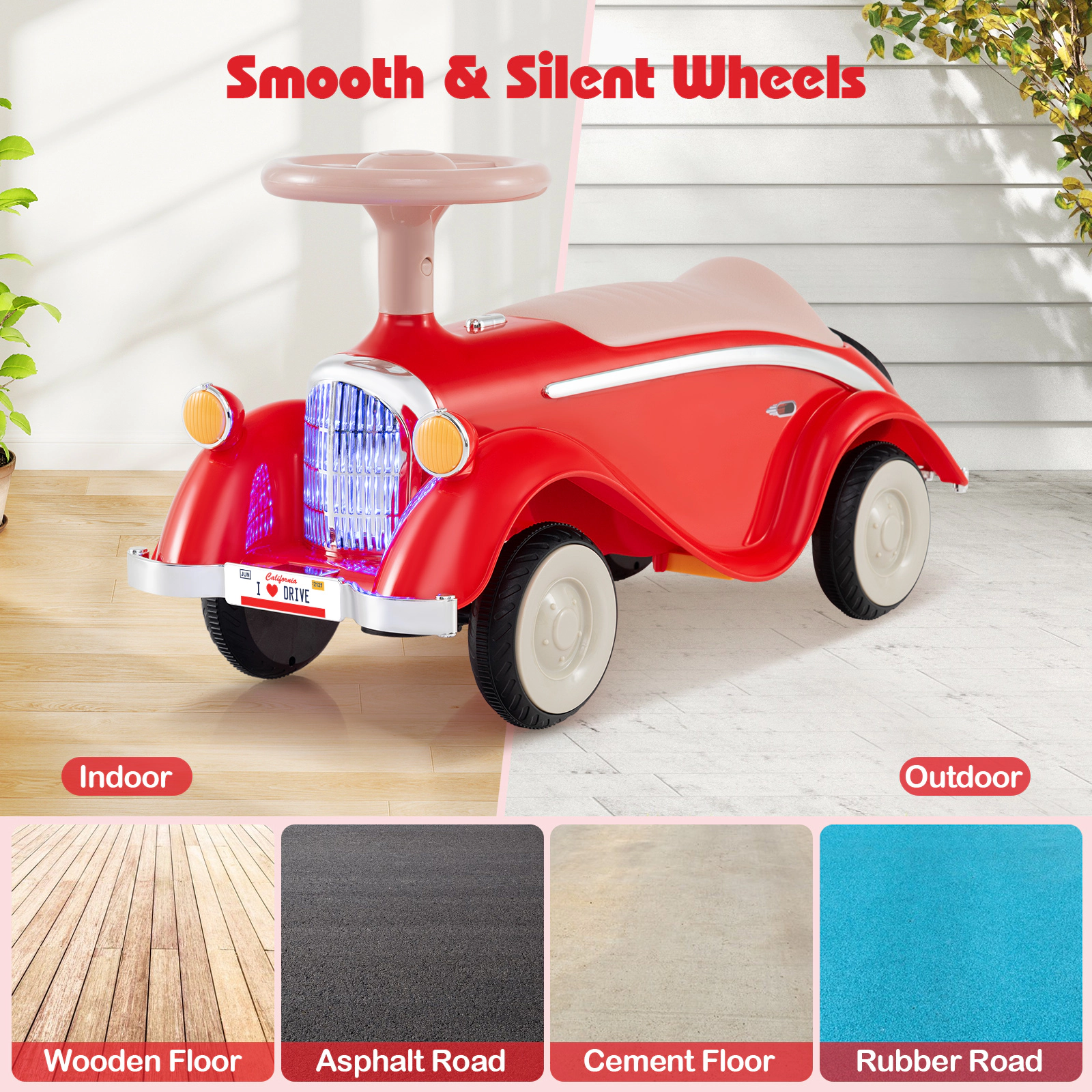 SUGIFT Red Horn LED Headlight and Under Seat Storage Toddler Ride On Classic Sliding Car