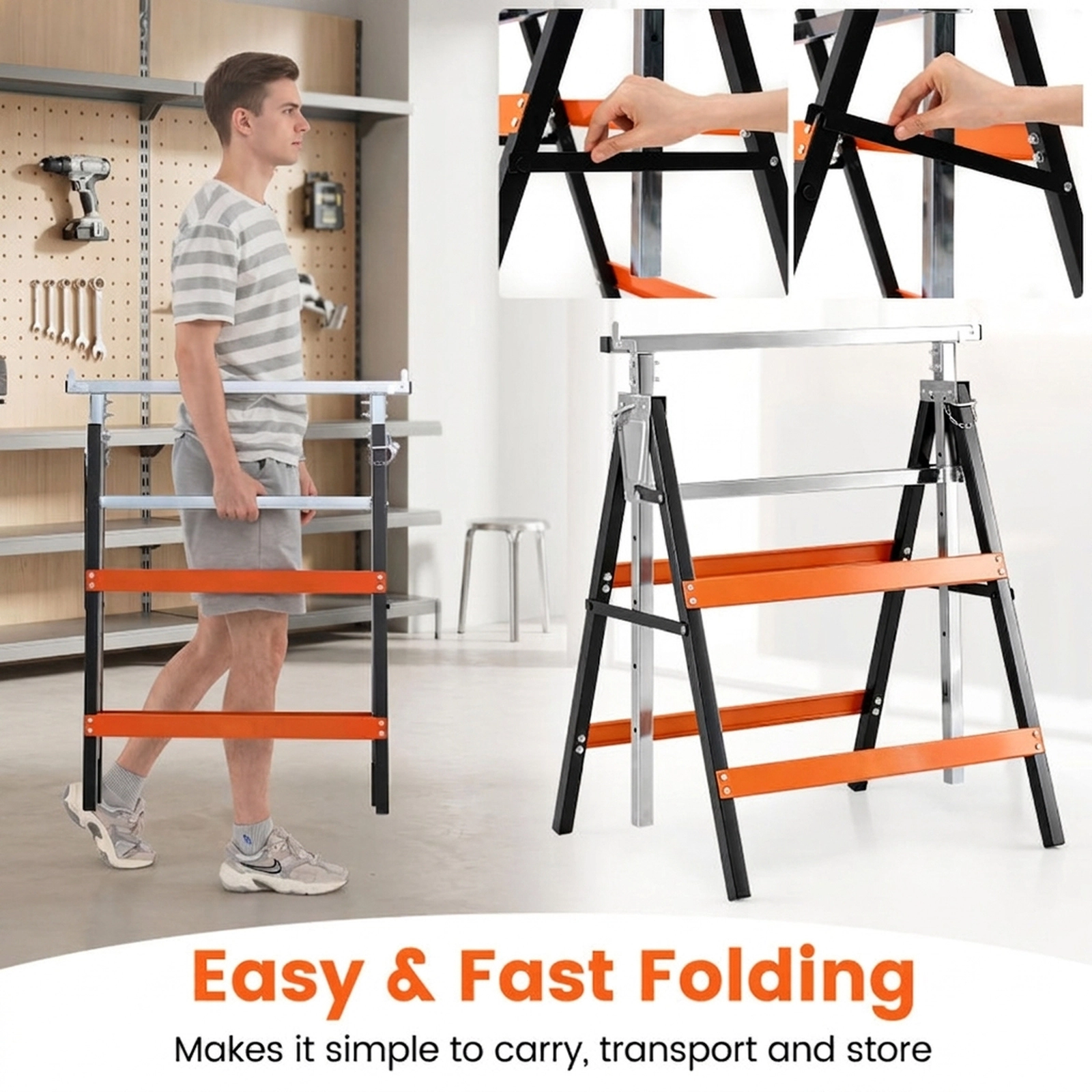 SUGIFT 2 Pack Foldable Metal Saw Horses with 440-lb Capacity 6-Level Height and Top Limit Clips
