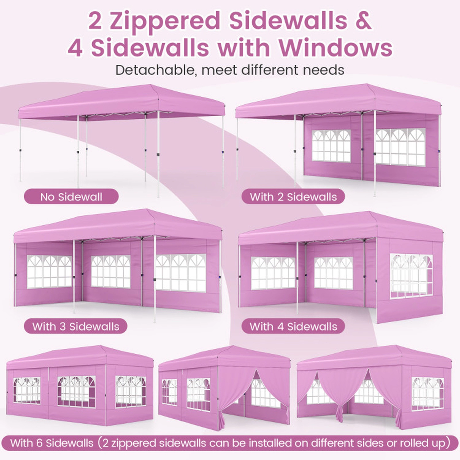 SUGIFT Pink 10-ft by 20-ft 3-Level UPF50+ Carbon Steel Pop Up Canopy Tent with 6 Sidewalls and Wheeled Bag