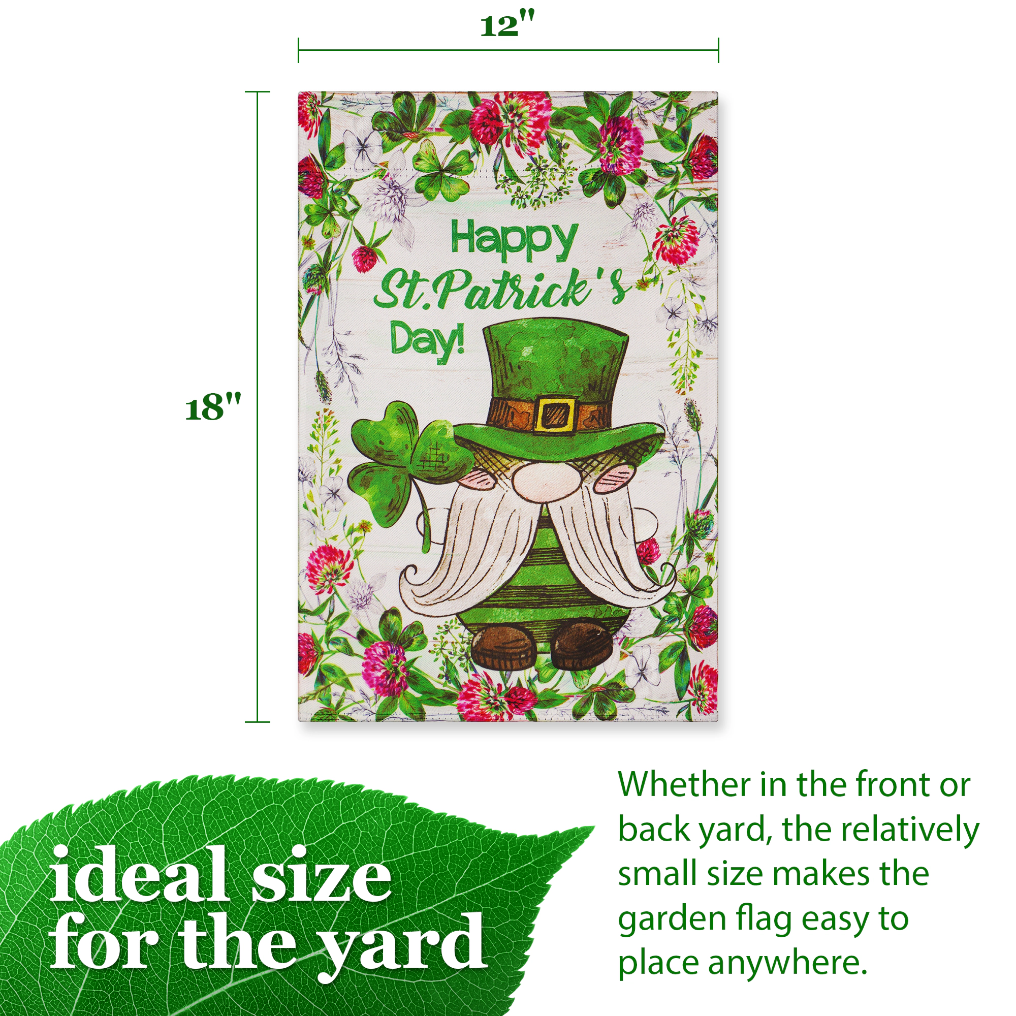 G128 Garden Flag Happy St. Patrick's Day Leprechaun Gnome 12x18 Blockout Polyester