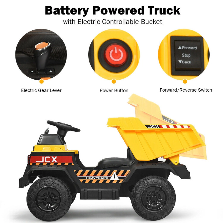 Hivvago 12V Battery Kids Ride On Dump Truck with Electric Bucket and Dump Bed-Yellow