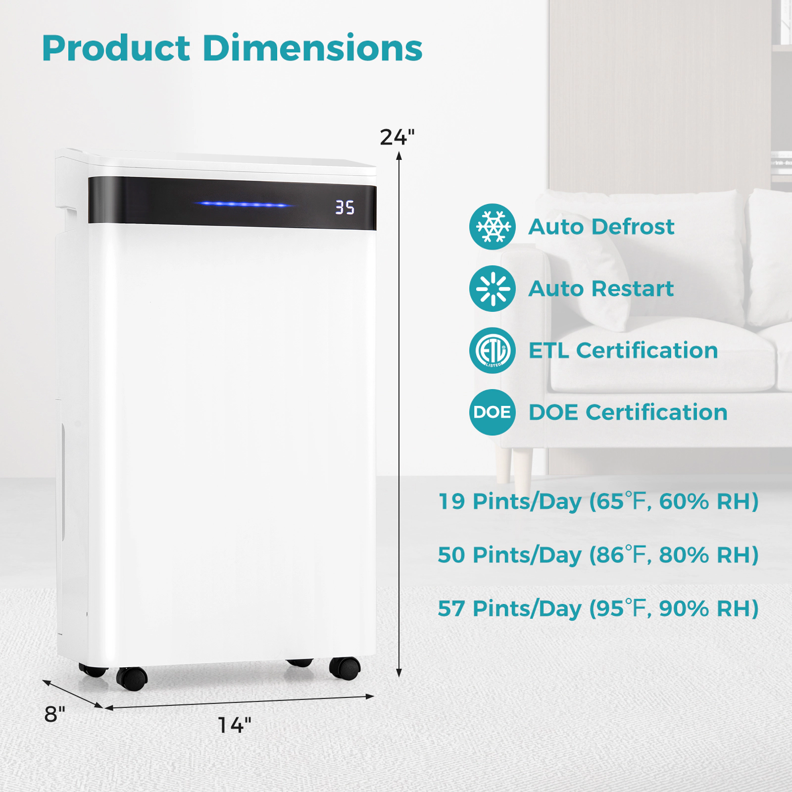 Slickblue Unisex Portable 57 Pint Large Area Dehumidifier for Home