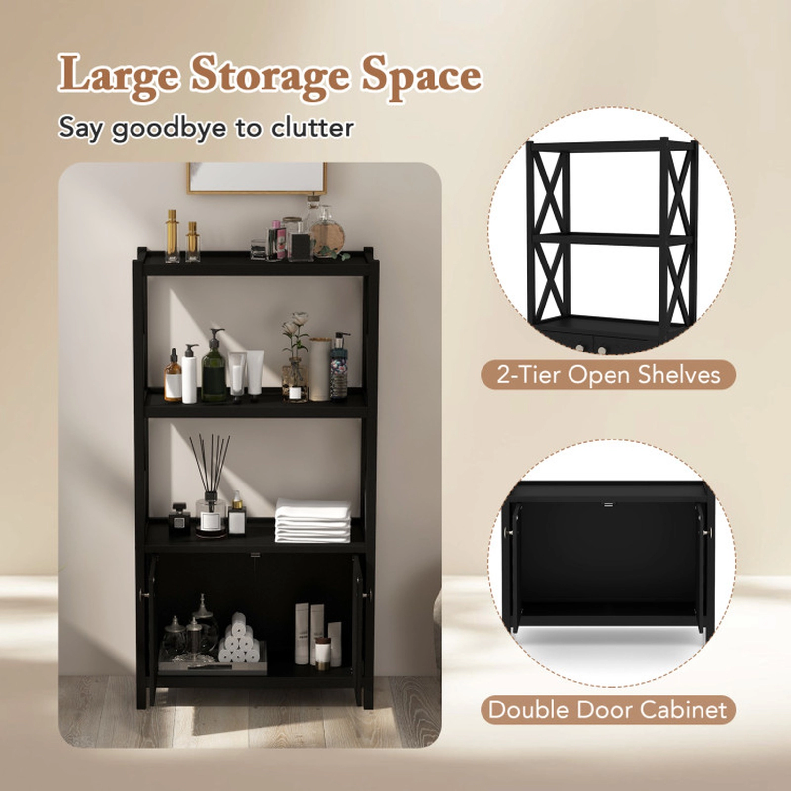 SUGIFT 25-in Wide Bathroom Storage Cabinet with Open Shelves and Double Doors 88-lb Capacity 47-in Tall Black
