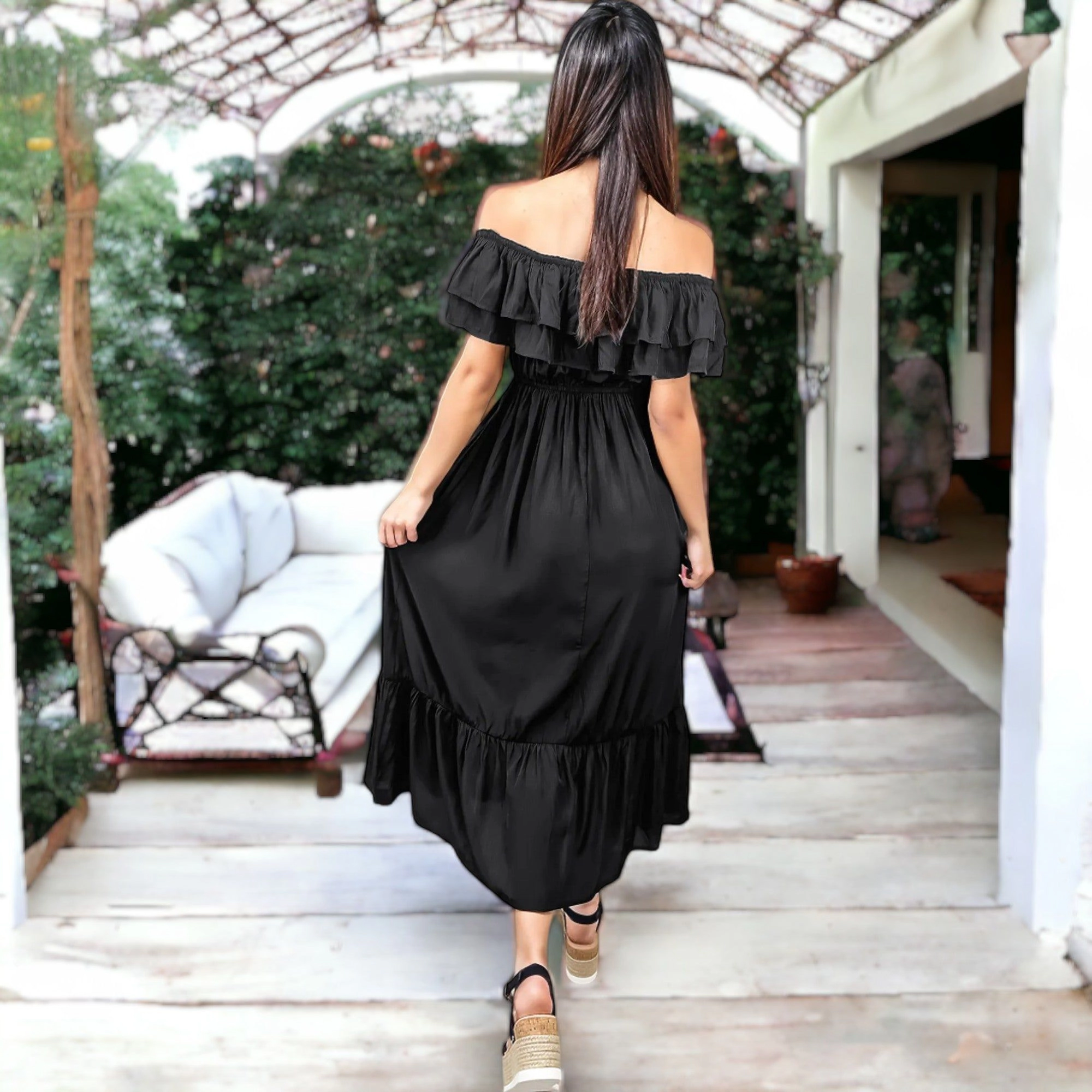 Anna-Kaci Women's Off-Shoulder Double Ruffle Elastic Waist Maxi Dress