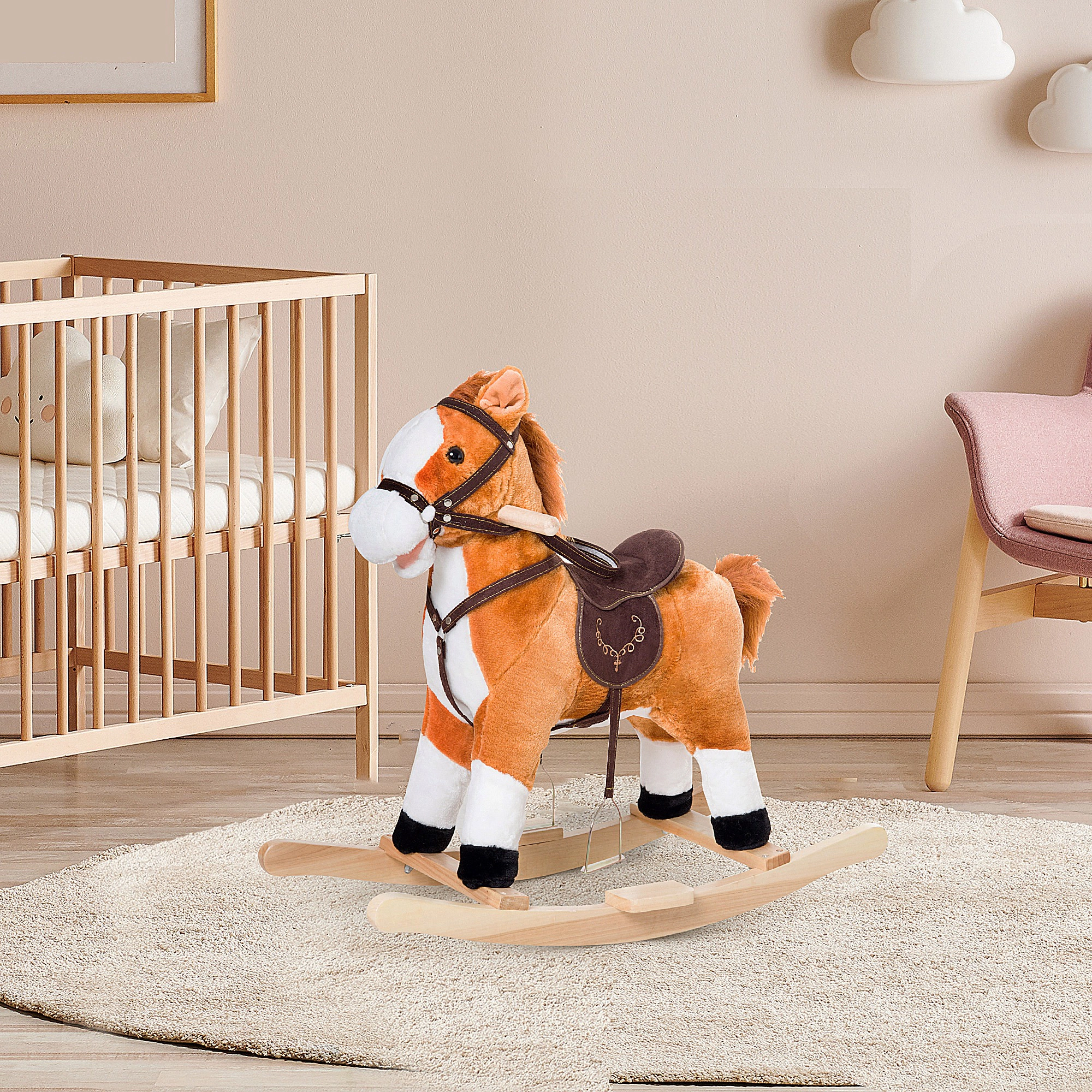 HONGGE Plush Rocking Horse with Saddle and Footrest, Realistic Galloping Sound, Supports 88 lbs for Kids Ages 3+, Brown