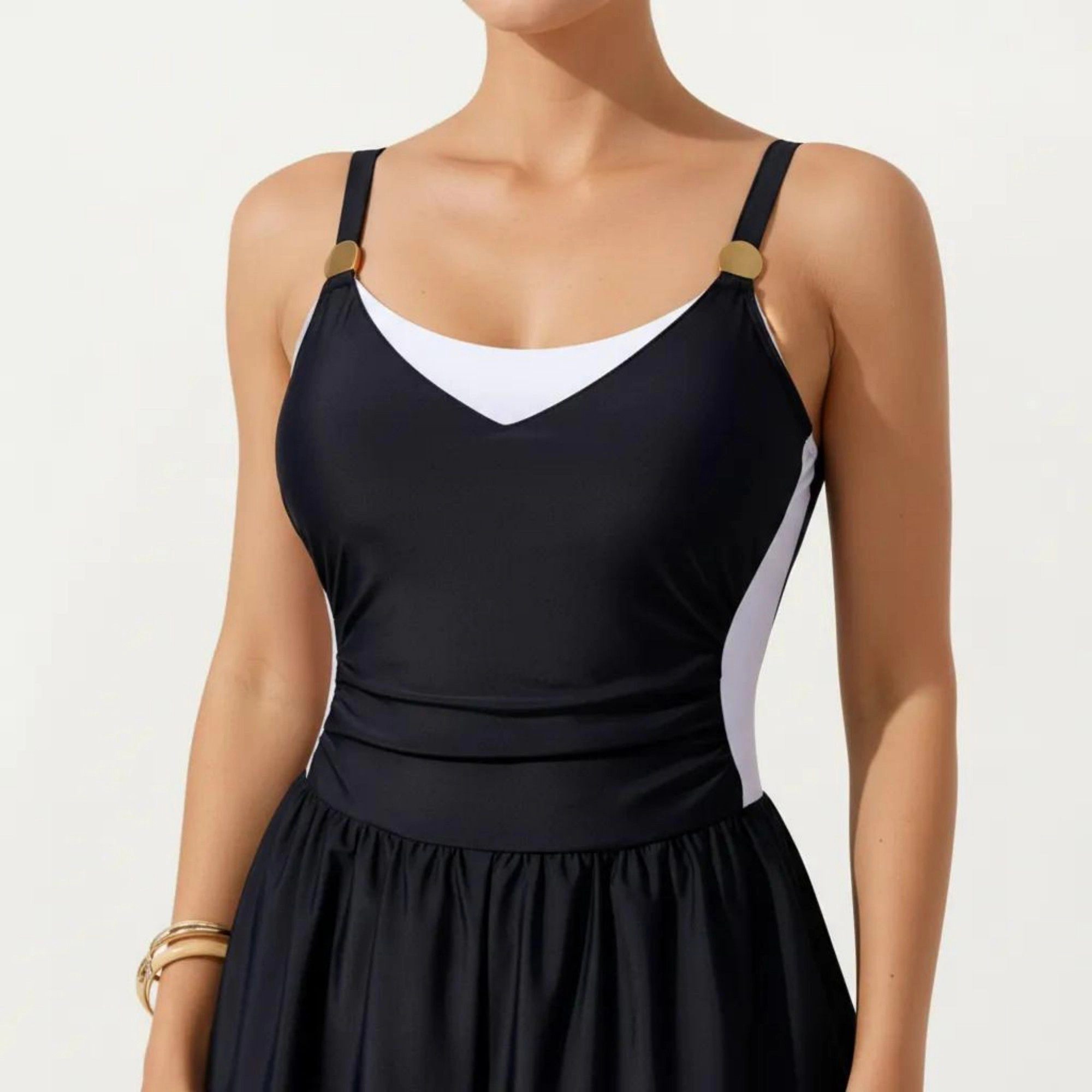 Anna-Kaci Women's One-Piece Swim Romper with Contrast Neckline Adjustable Straps and Flowy Short Bottom