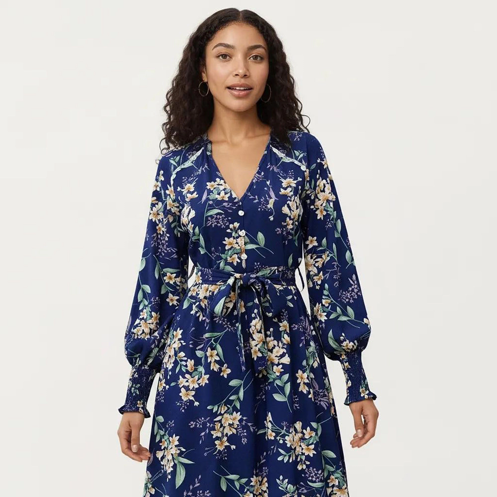 Anna-Kaci Women's Floral Print V Neck Long Sleeve Waist Tie Dress