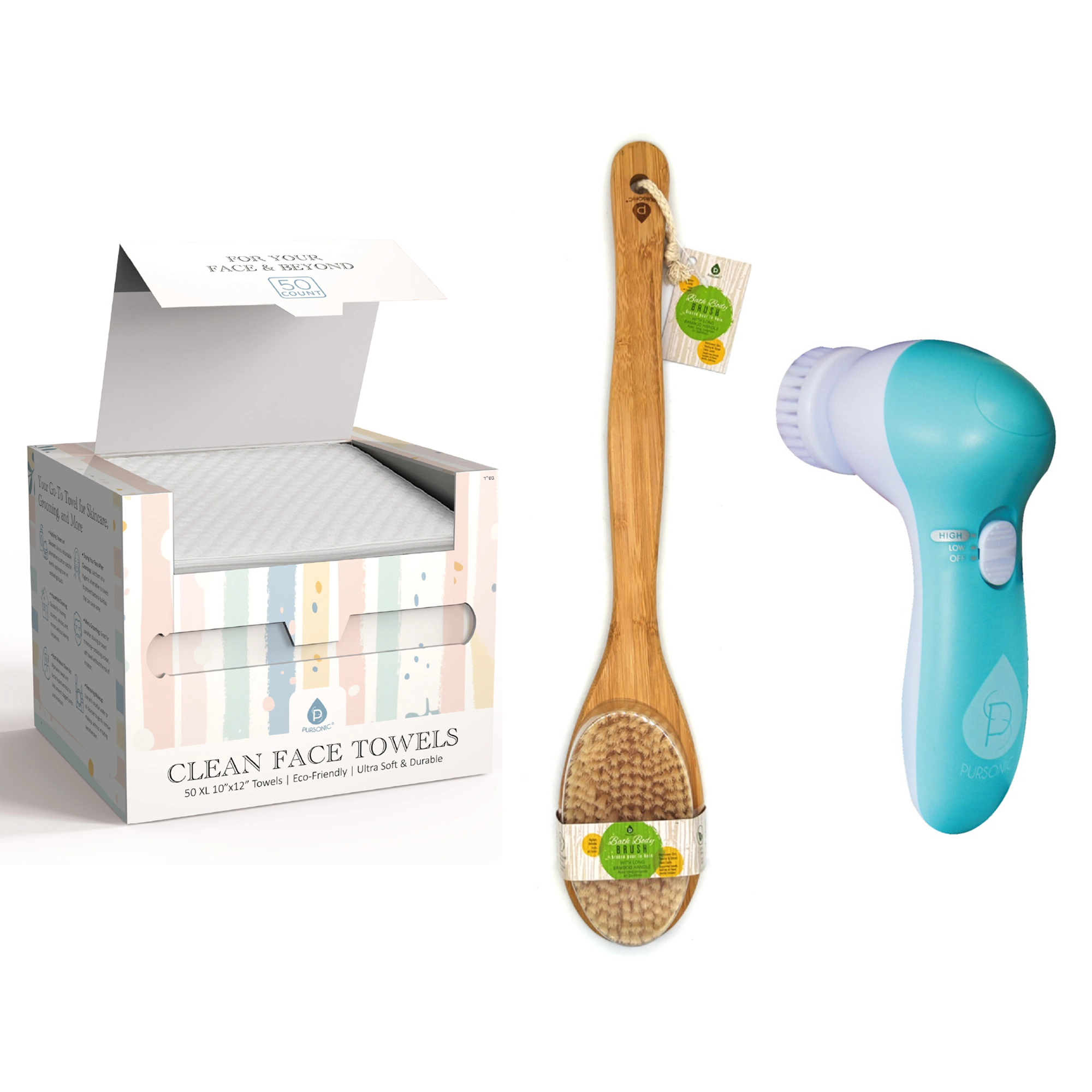 Pursonic Unisex Skincare & Bath Collection: Facial Brush, Biodegradable Towels & Bamboo Body Brush