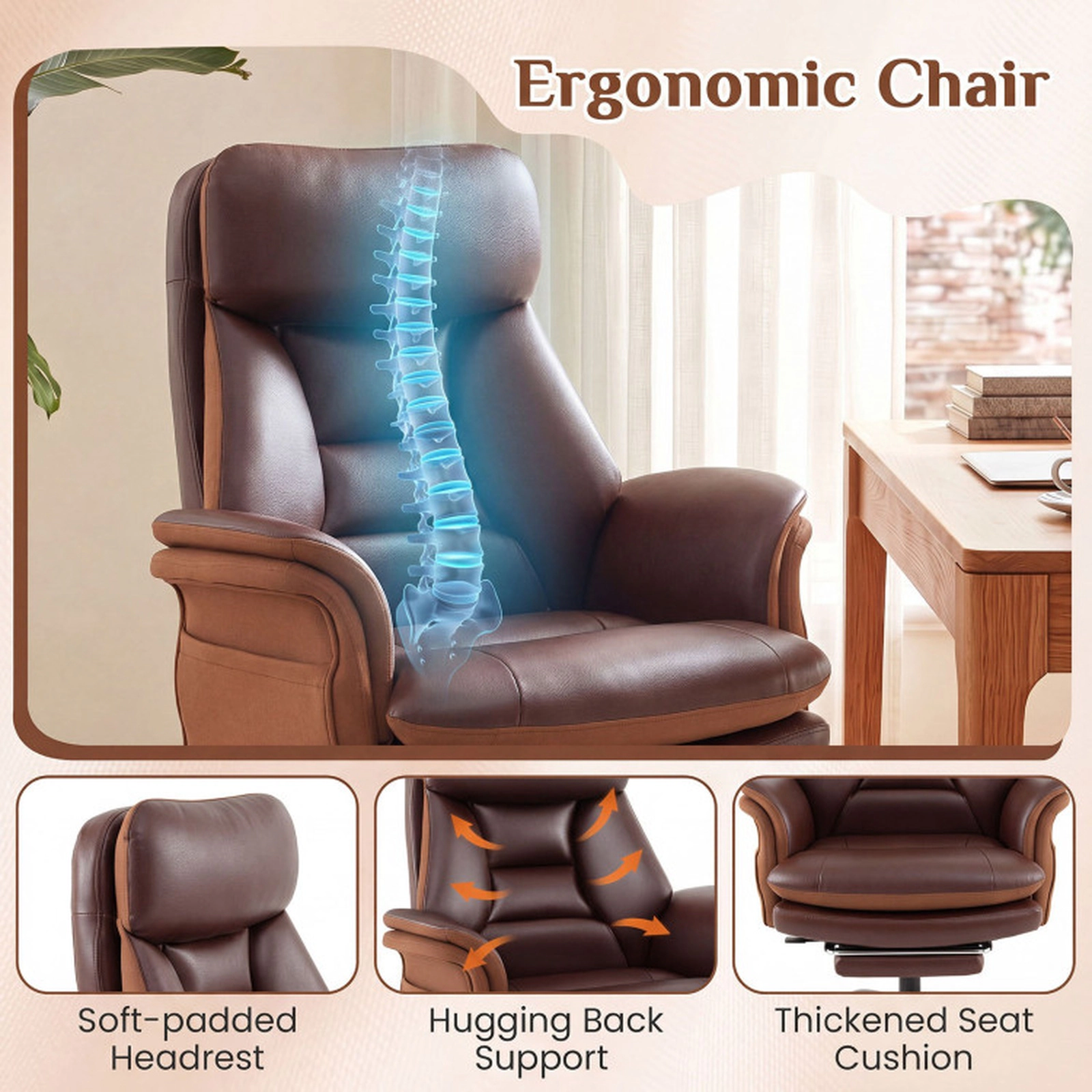 SUGIFT Brown Retractable Footrest and Faux Leather Ergonomic Big and Tall Office Chair