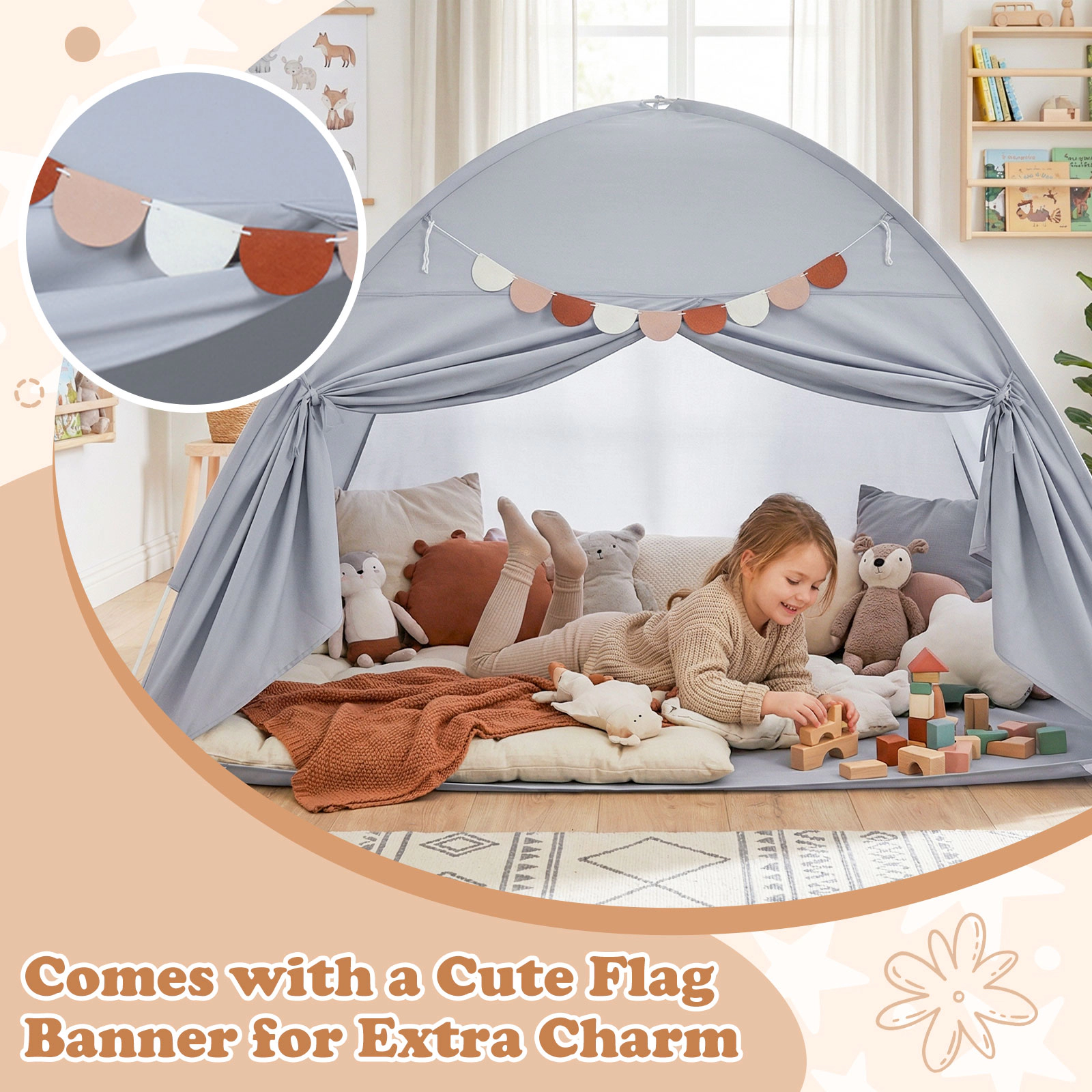 SUGIFT Indoor Canopy Tent for Twin Bed Kids Ages 3+ 79-in Long Brushed Fabric Gray