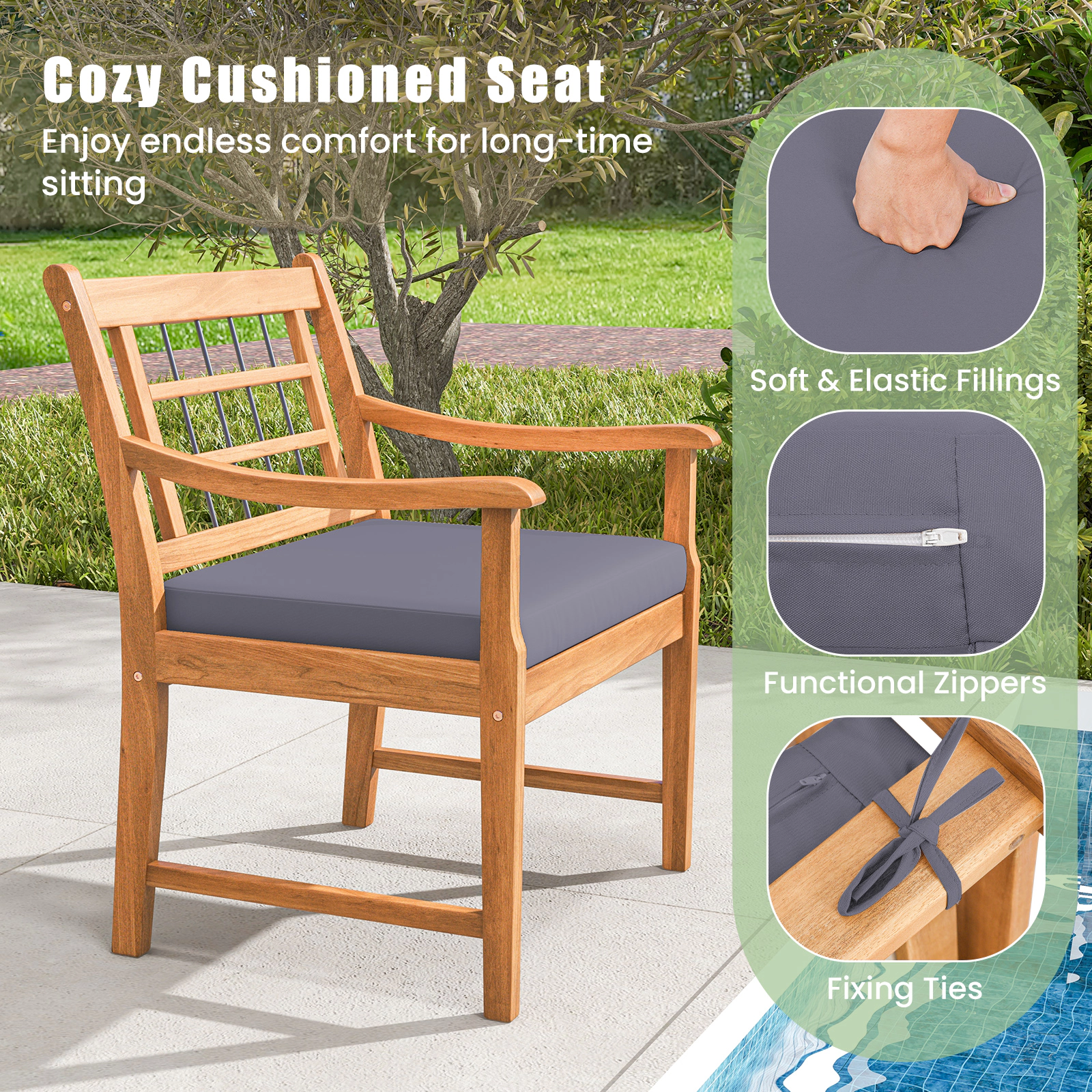SUGIFT Patio Conversation Set with Seat Cushions 400-lb Chairs 180-lb Table White Gray Navy Cushions Natural Frame