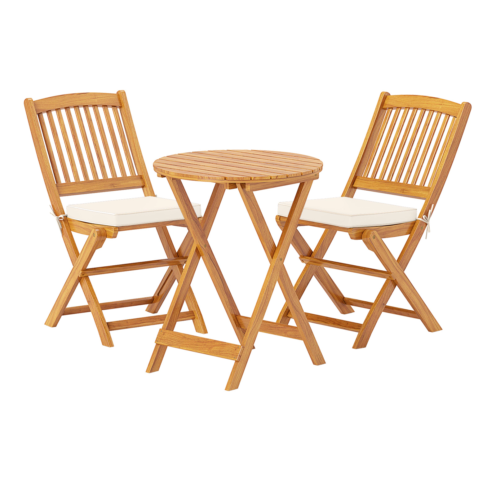 LJG 3 Pieces Acacia Wood Patio Folding Bistro Set with Soft Cushions