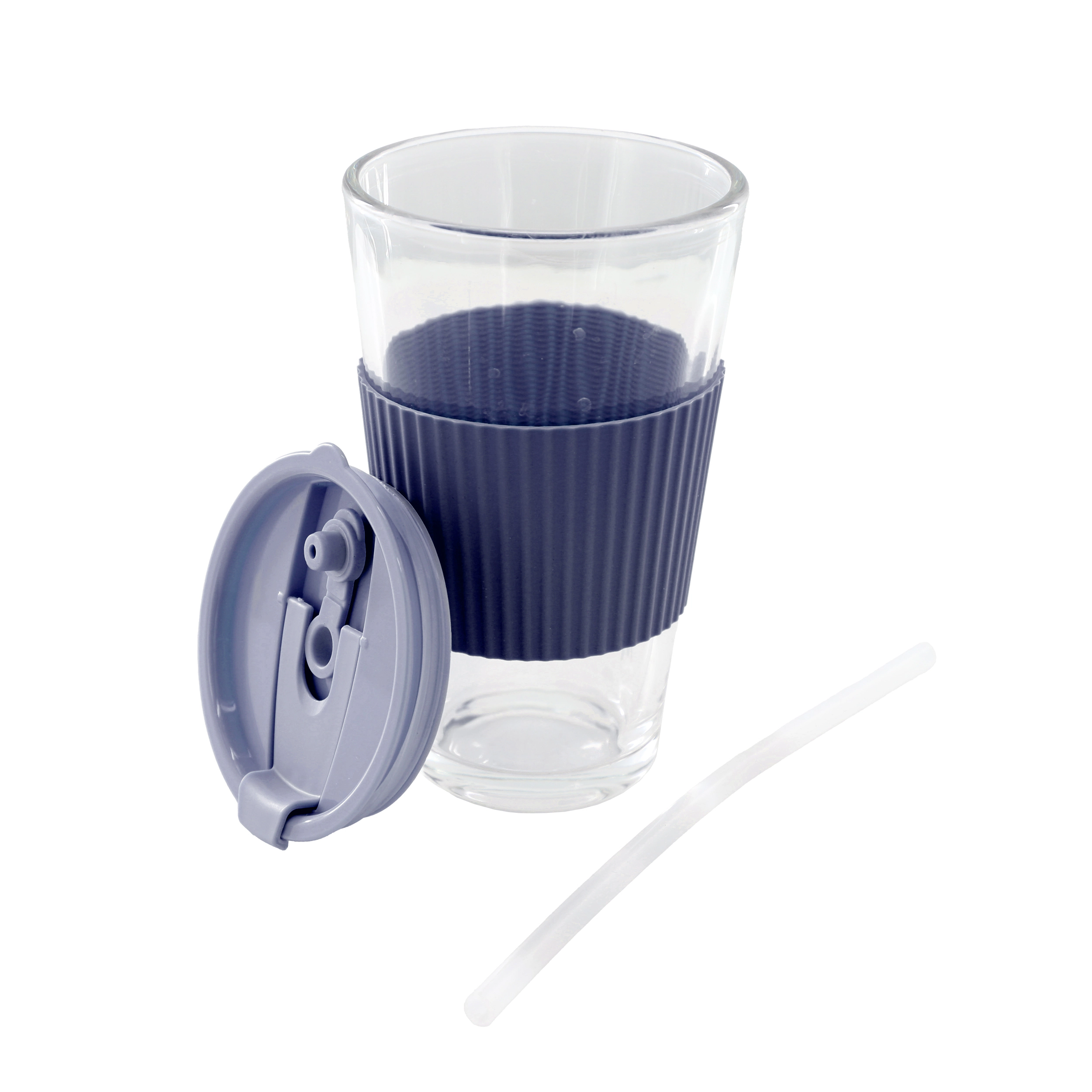 Mr. Coffee Sip Savvy 4 Piece 15 Ounce Silicone Sleeve Glass Cup Set w/ Lid and Straw Navy