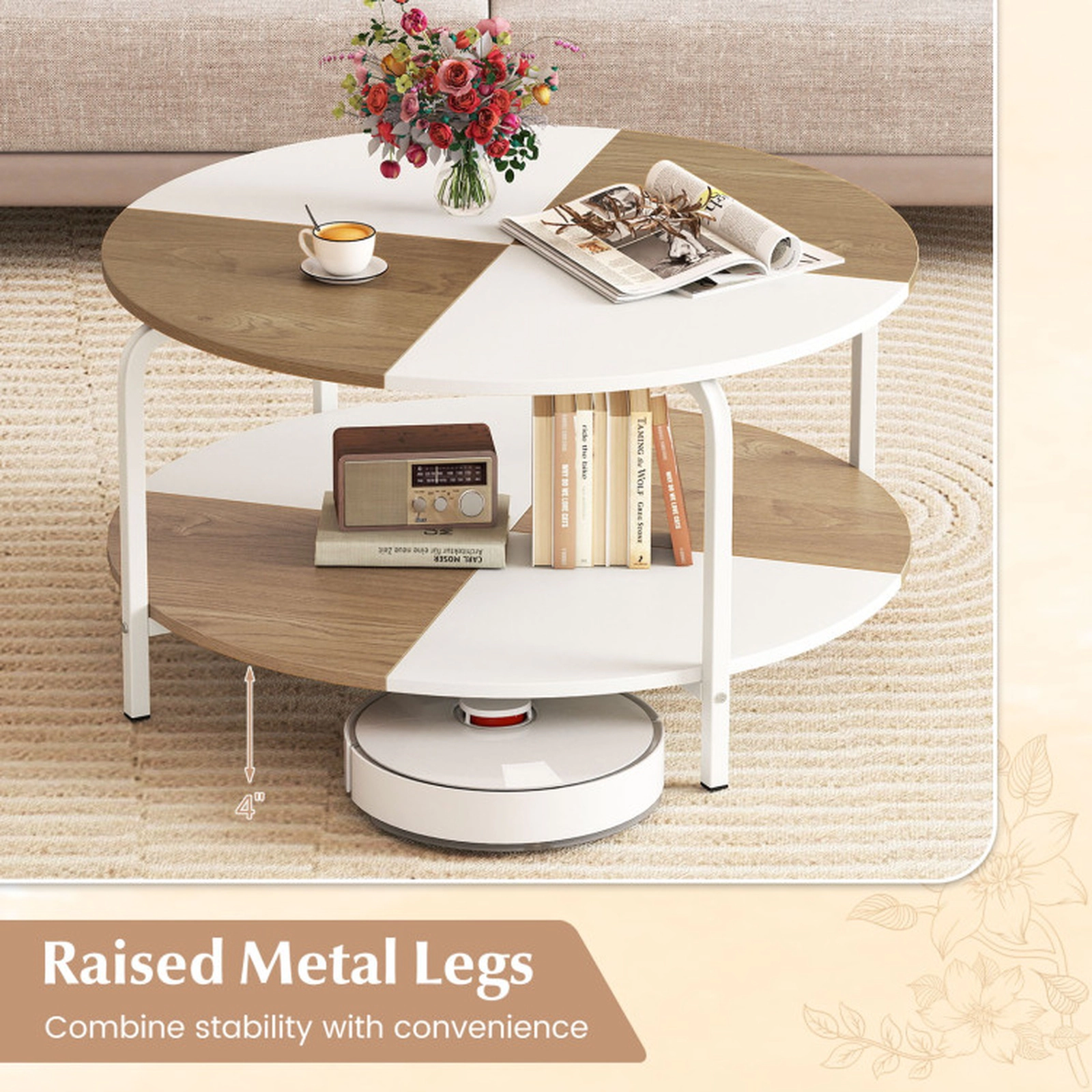 SUGIFT 2-Tier Round Coffee Table Metal Frame with Storage Shelf 220-lb Tabletop Capacity 31.5-in Round White and Natural