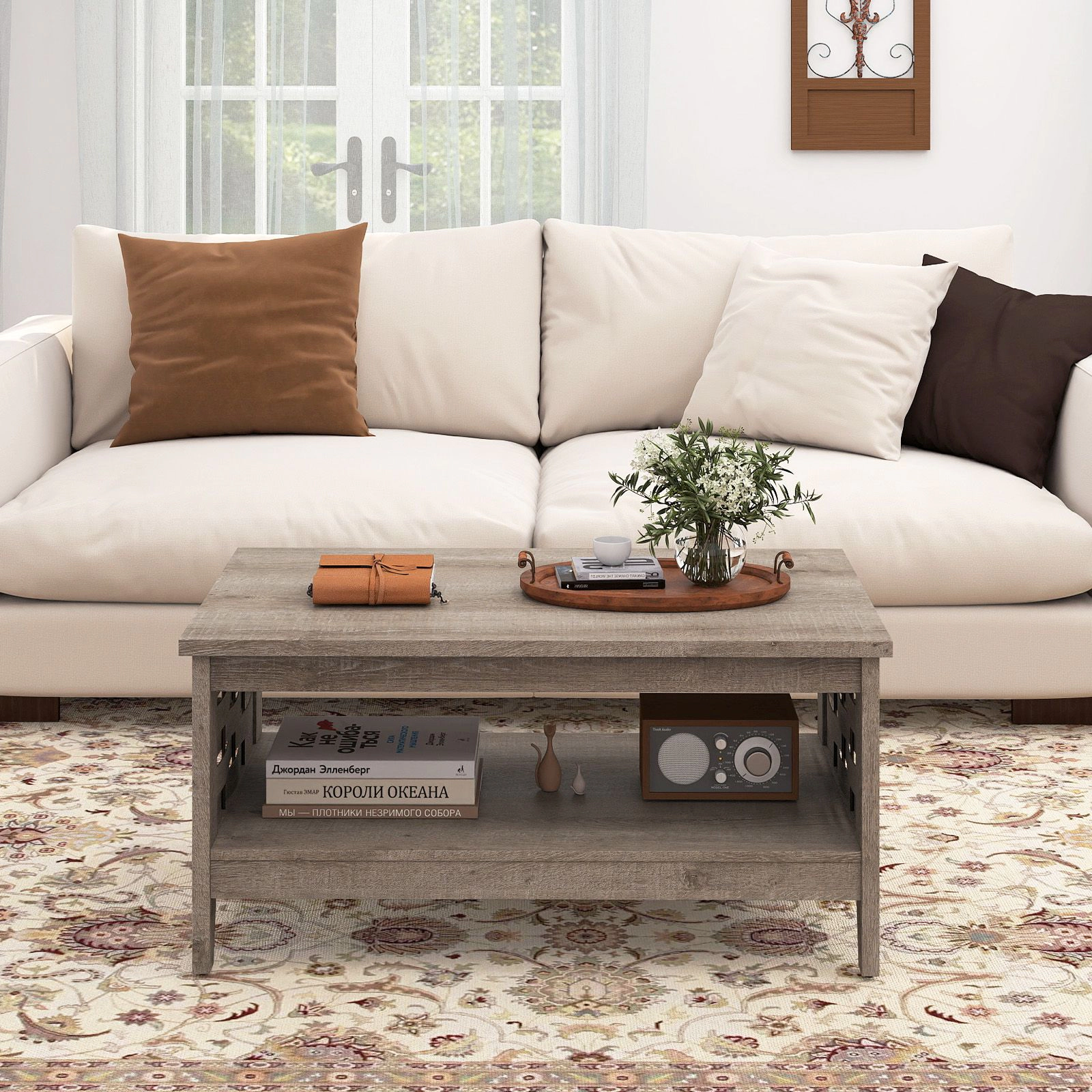 SlickBlue 2 Tier Coffee Table with Storage Shelf, Rustic Wood Center Table for Living Room