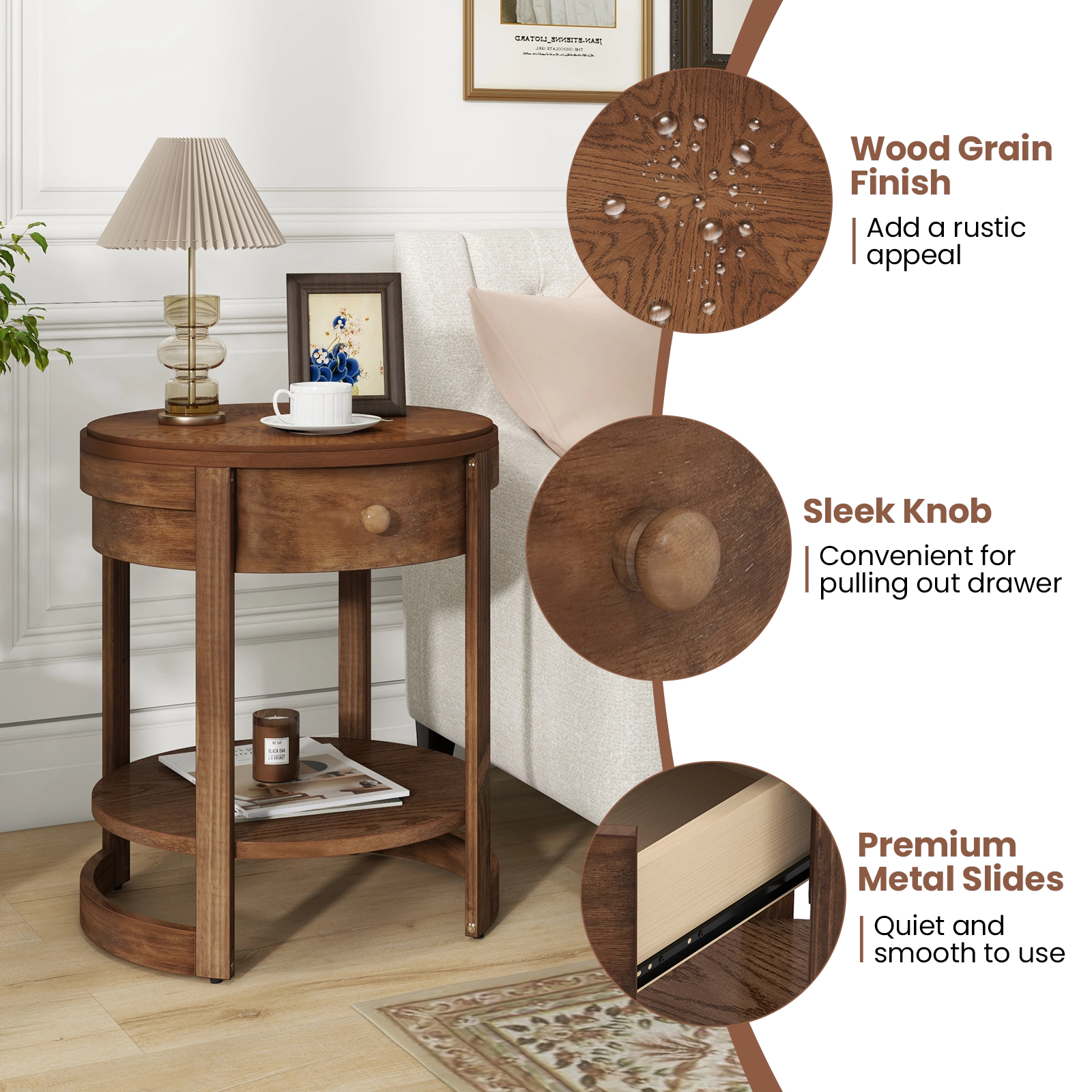 SUGIFT 24-In Round Mid-Century Modern Nightstand with Drawer and Open Shelf