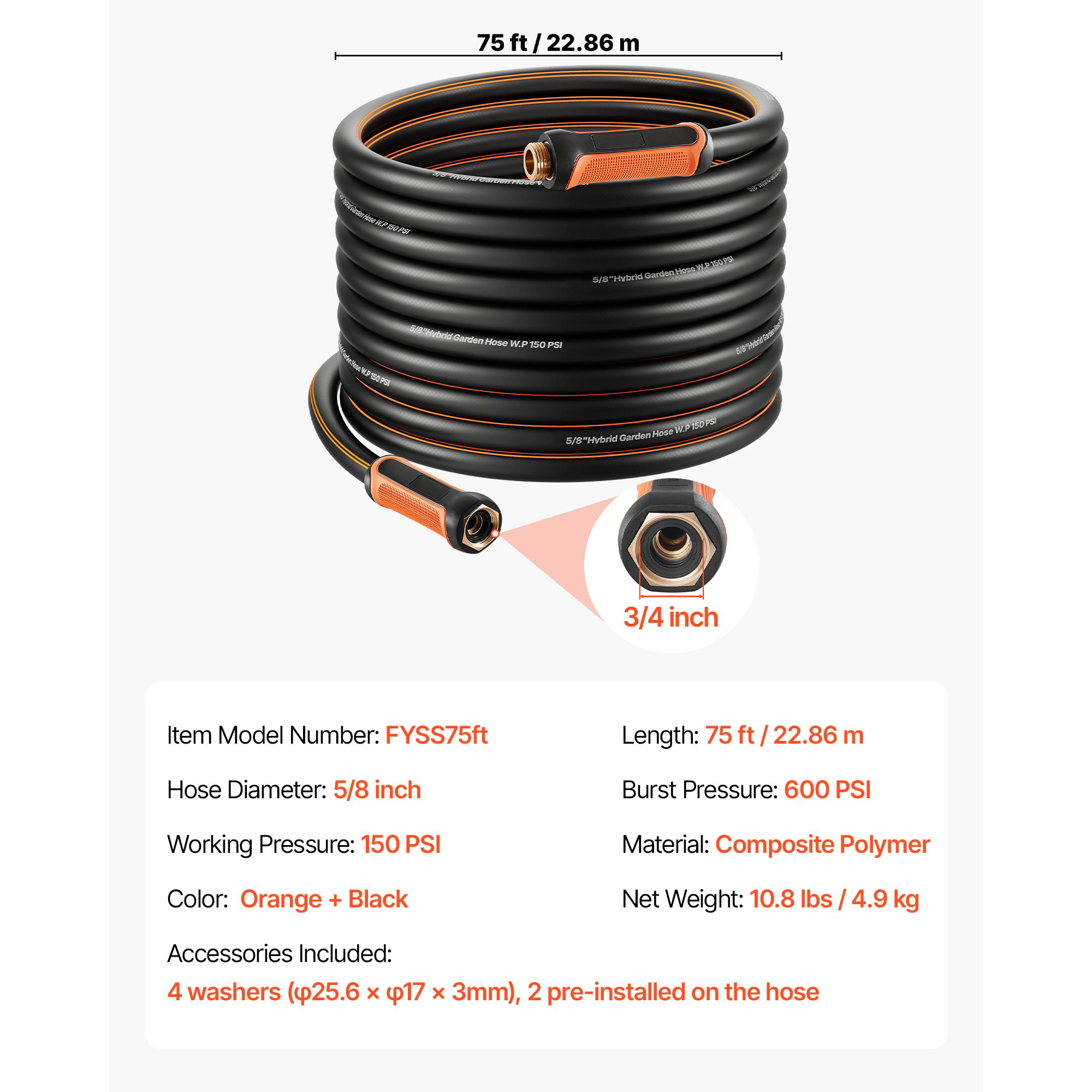 HONGGE Garden Hose 5/8" Heavy Duty 4-Layer Rubber Water Hose 150PSI Working & 600PSI Burst Flexible & Non-kink Outdoor