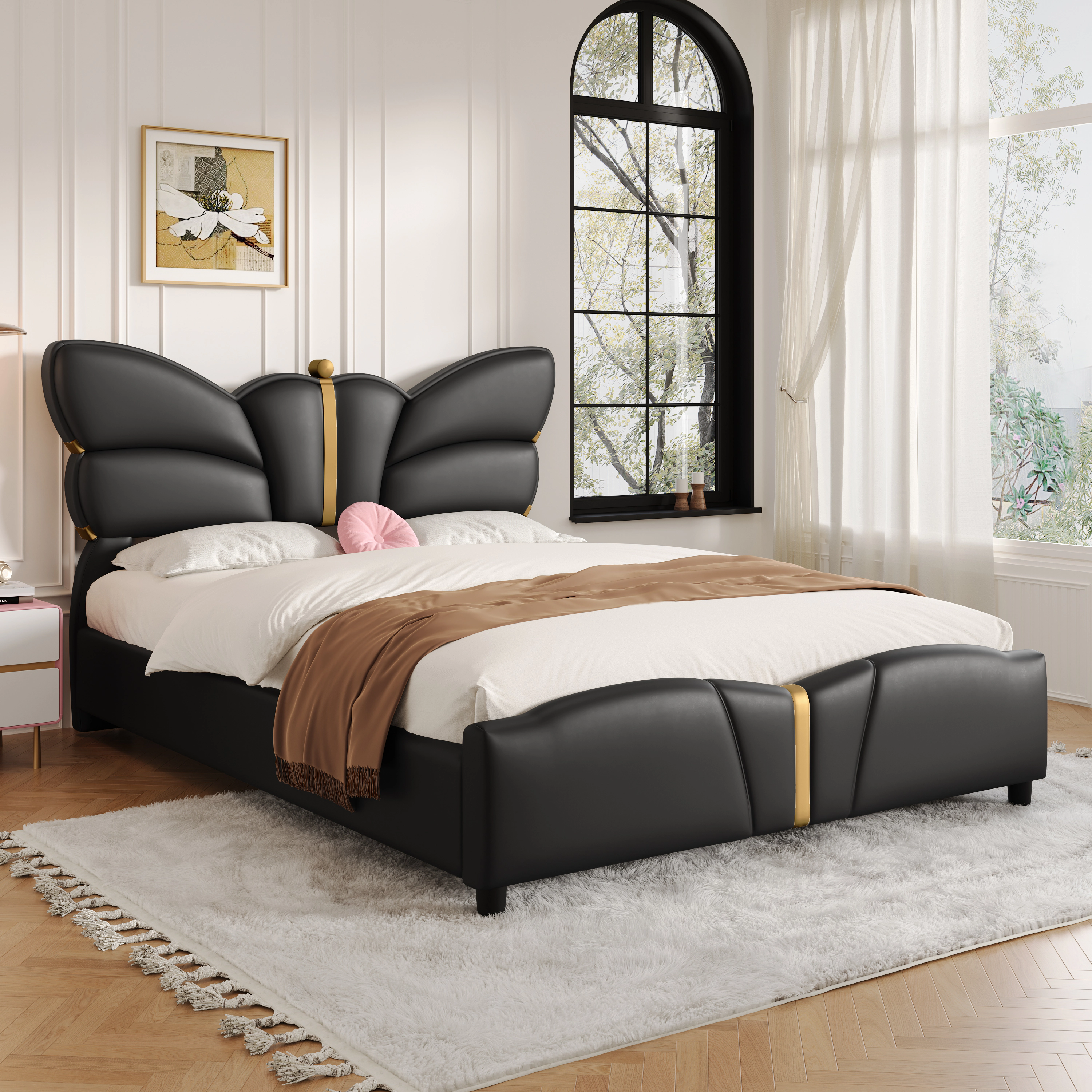 Flynama Full PU Leather Bed with Butterfly Headboard & Gold Decor, Black