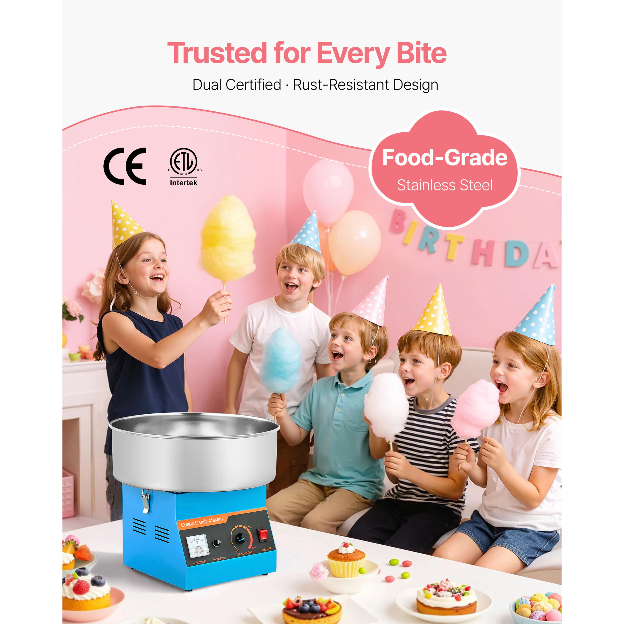 HONGGE Cotton Candy Machine Commercial 1000W Electric Floss Maker Easy Use with 15 inch Stainless Steel Bowl and