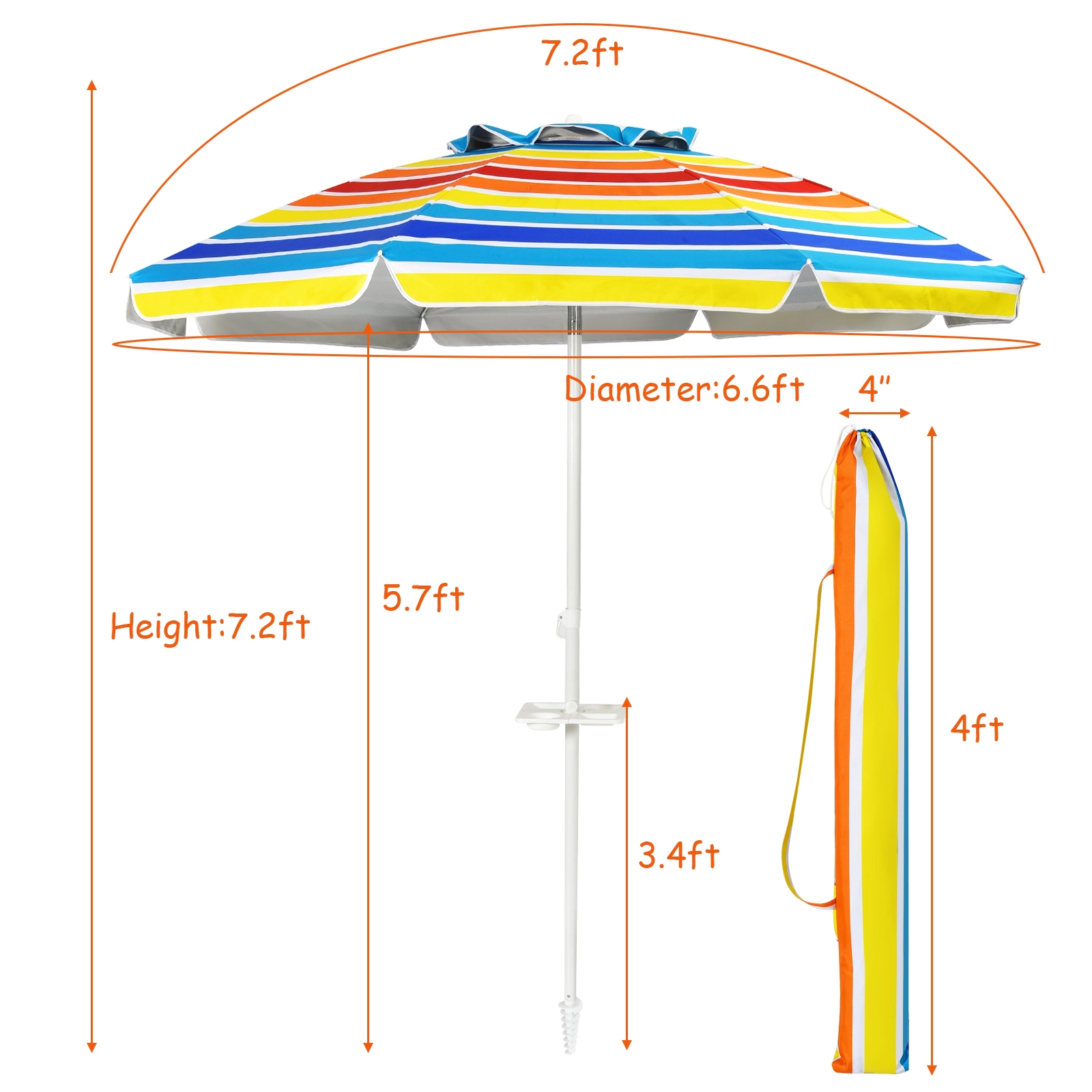 SUGIFT 7.2-ft Portable Beach Umbrella with Integrated Sand Anchor Adjustable Tilt 8 Ribs and Carry Bag