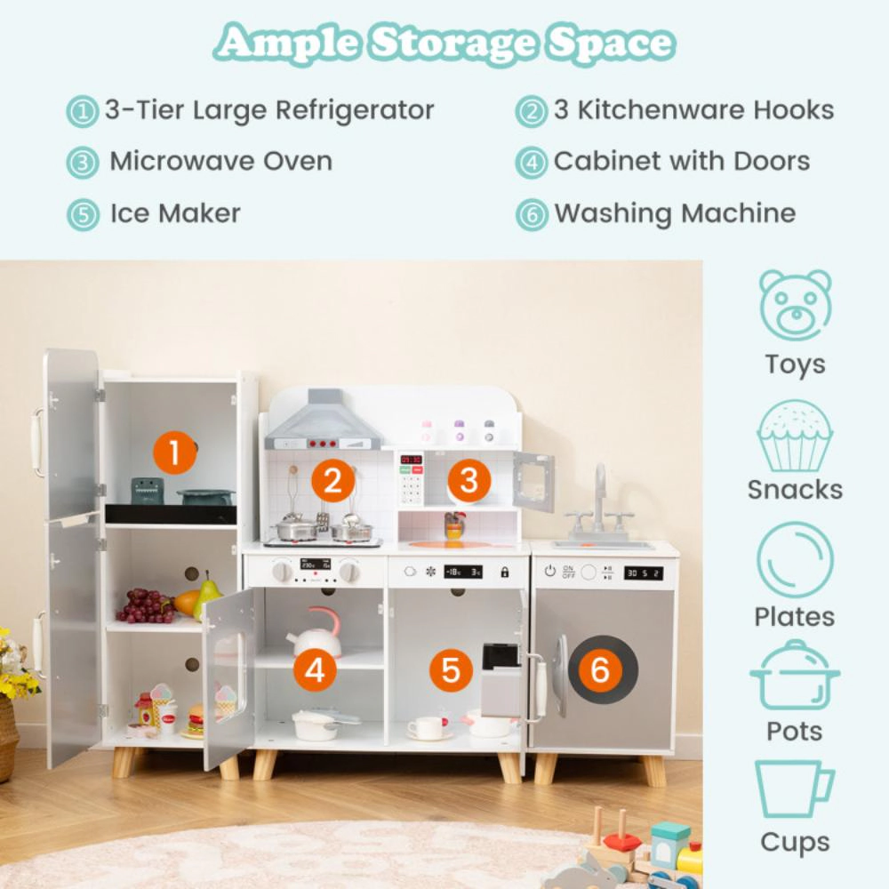 Hivvago Kids Kitchen Playset 3-in-1 with Refrigerator and Washing Machine-Gray