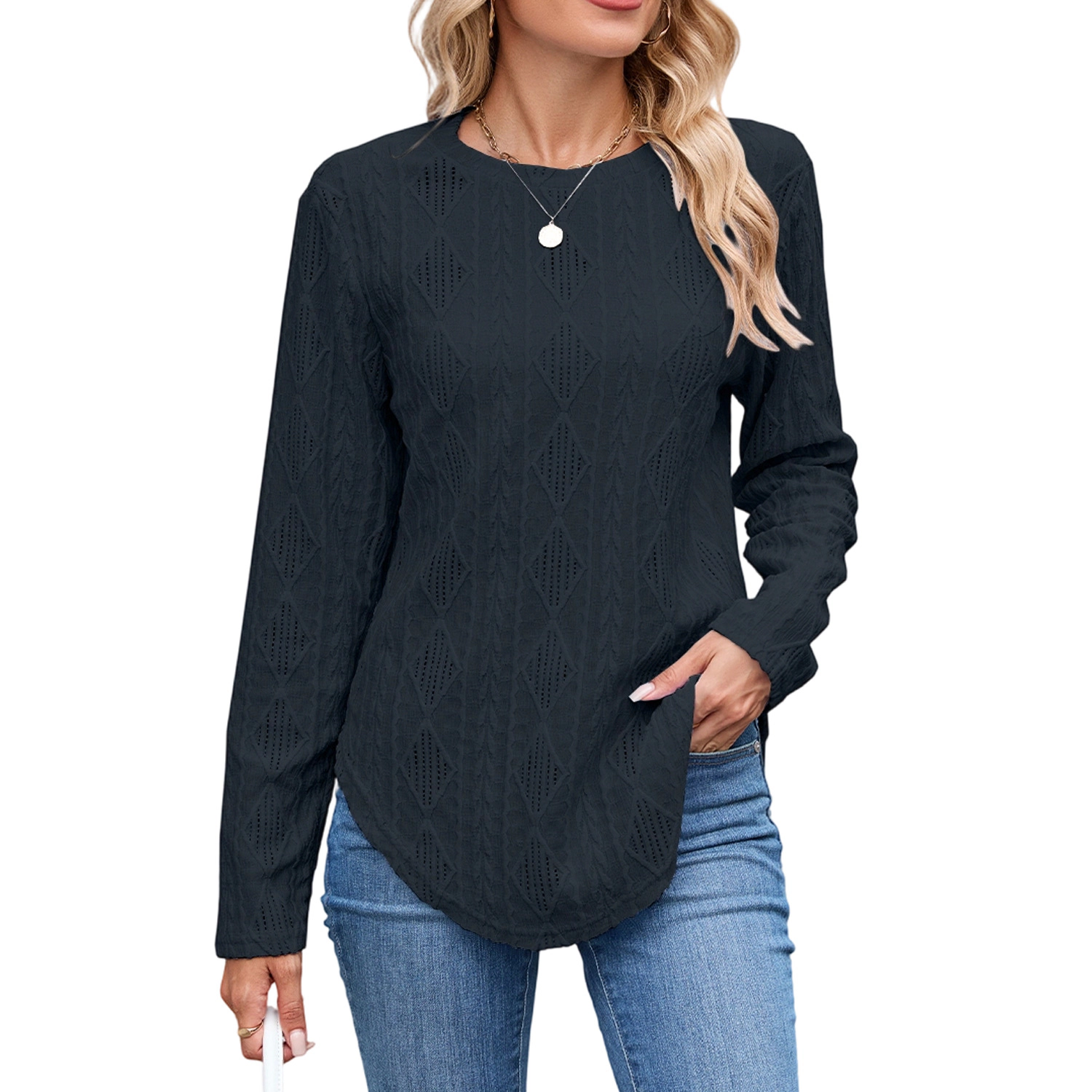 Enchanted Funland Womens Crew Neck Eyelet Long Sleeve Curved Hem Tunic Tops