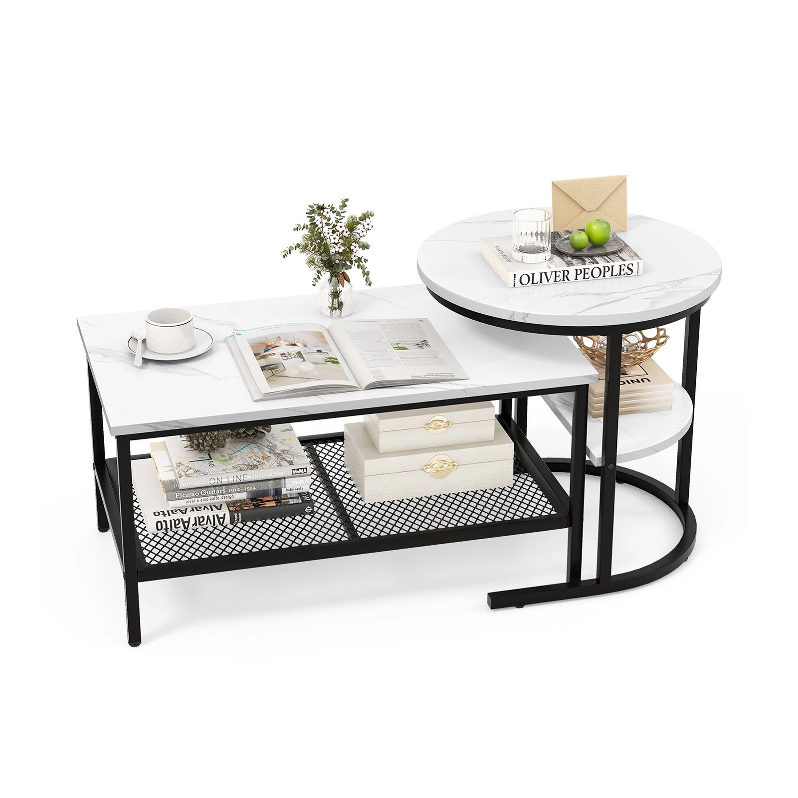 SlickBlue Nesting Coffee Table Set with Faux Marble Tops and Shelf