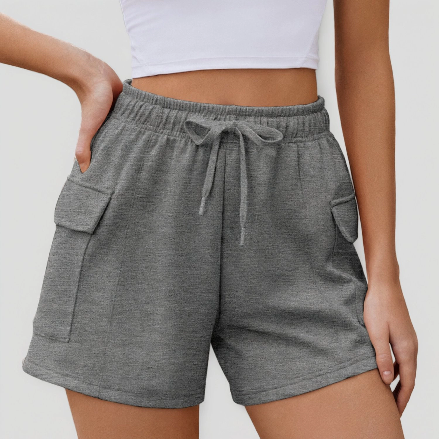 Pinspark Womens Solid Cargo Shorts Elastic Waist Drawstring Pockets Casual