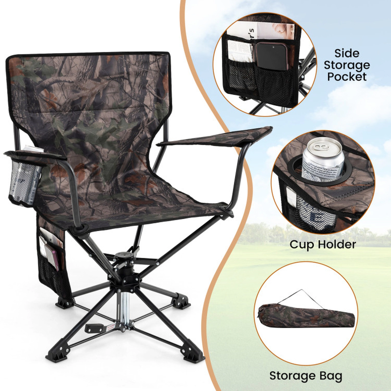 SUGIFT 360° Swivel Hunting Chair Portable Foldable Hunting Chair Set of 2 300-lb Capacity 32-in Tall Camo