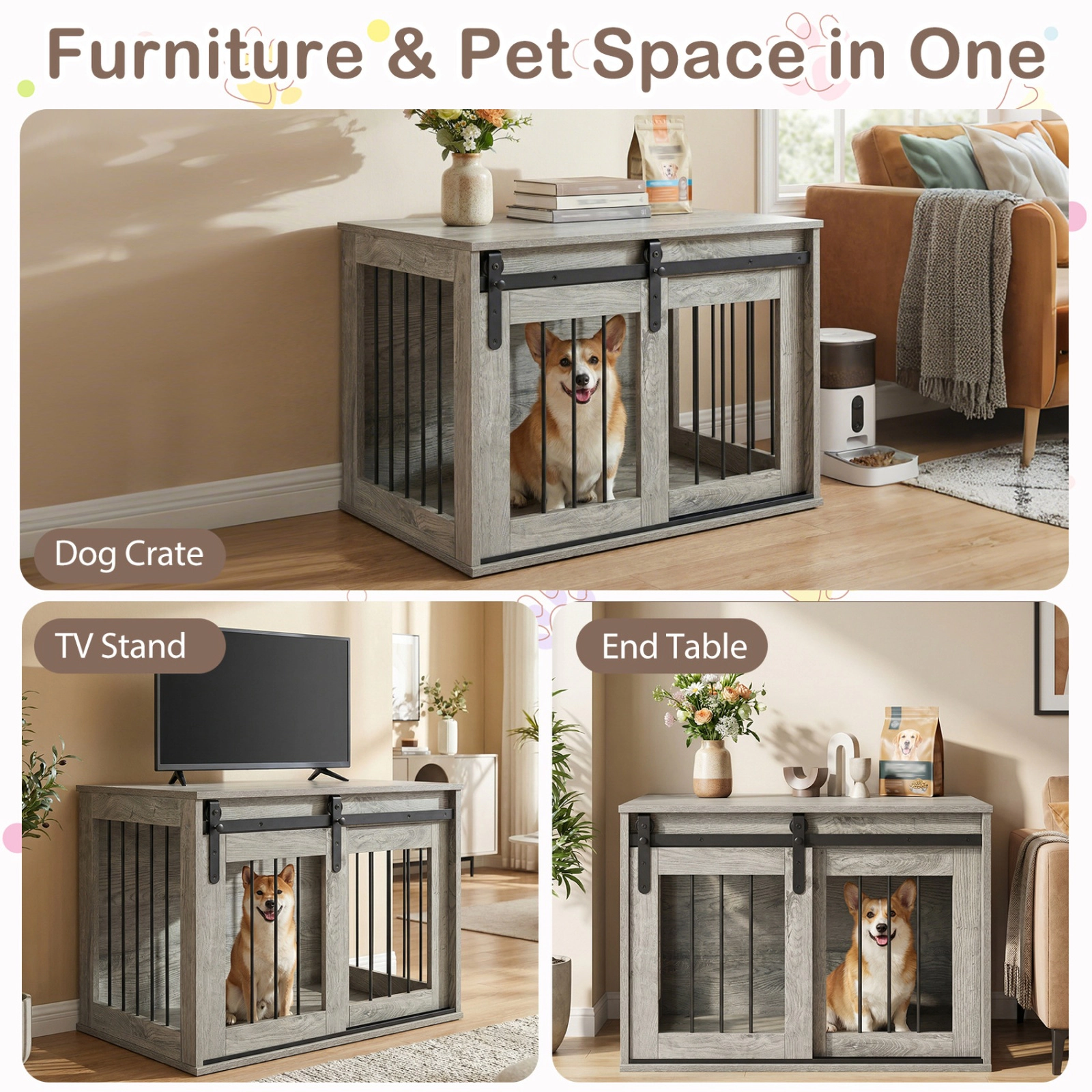 SUGIFT 31.5-in Heavy Duty Dog Crate Furniture Kennel with Sliding Barn Door and Metal Slatted Windows
