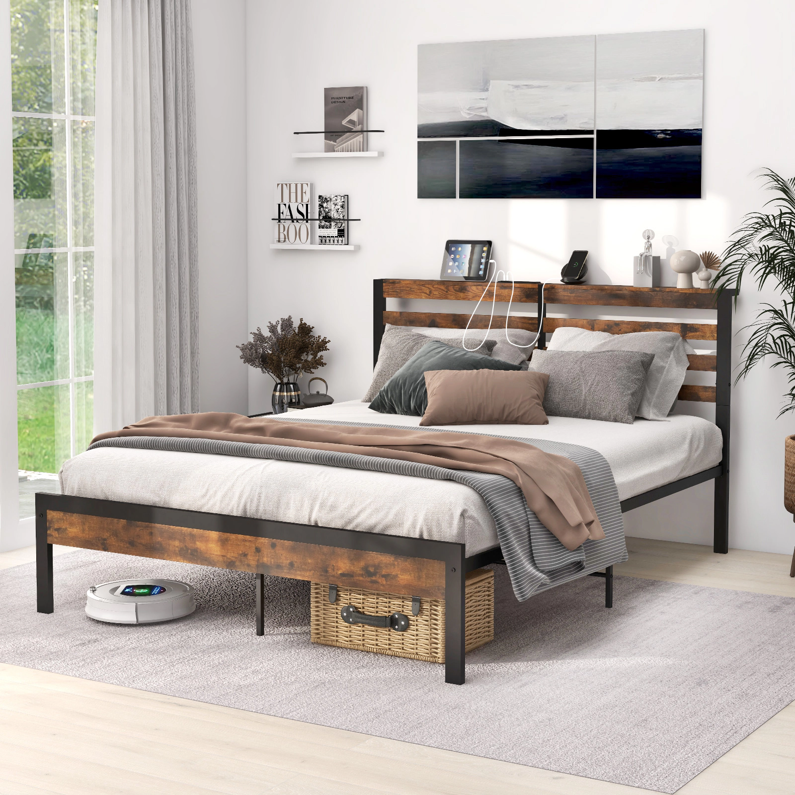 SUGIFT Rustic Brown Charging Station Storage Headboard and Metal Slats Queen Size Bed Frame