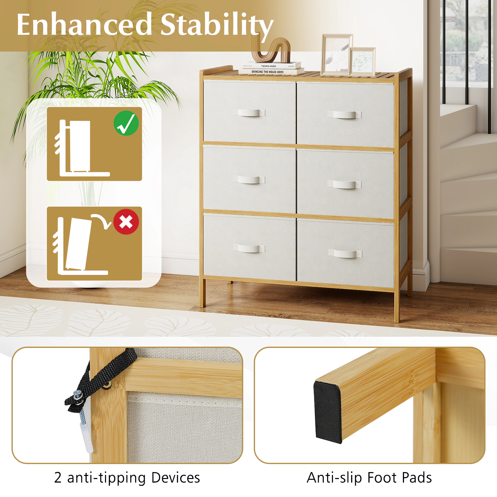 Glintex 6-Drawer Bamboo Fabric Dresser with Slatted Top and Anti-Tip Kits, Natural