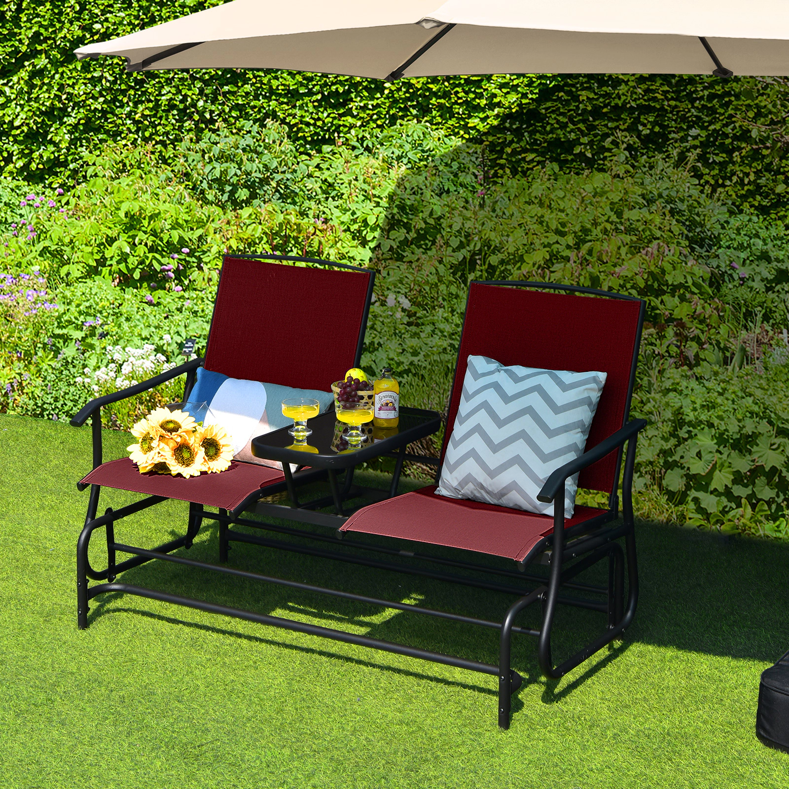 SUGIFT 2-Person Mesh Steel Frame Tempered Glass Table Glider Rocking Chair 57-in x 28-in x 38-in 530-lb Capacity Red