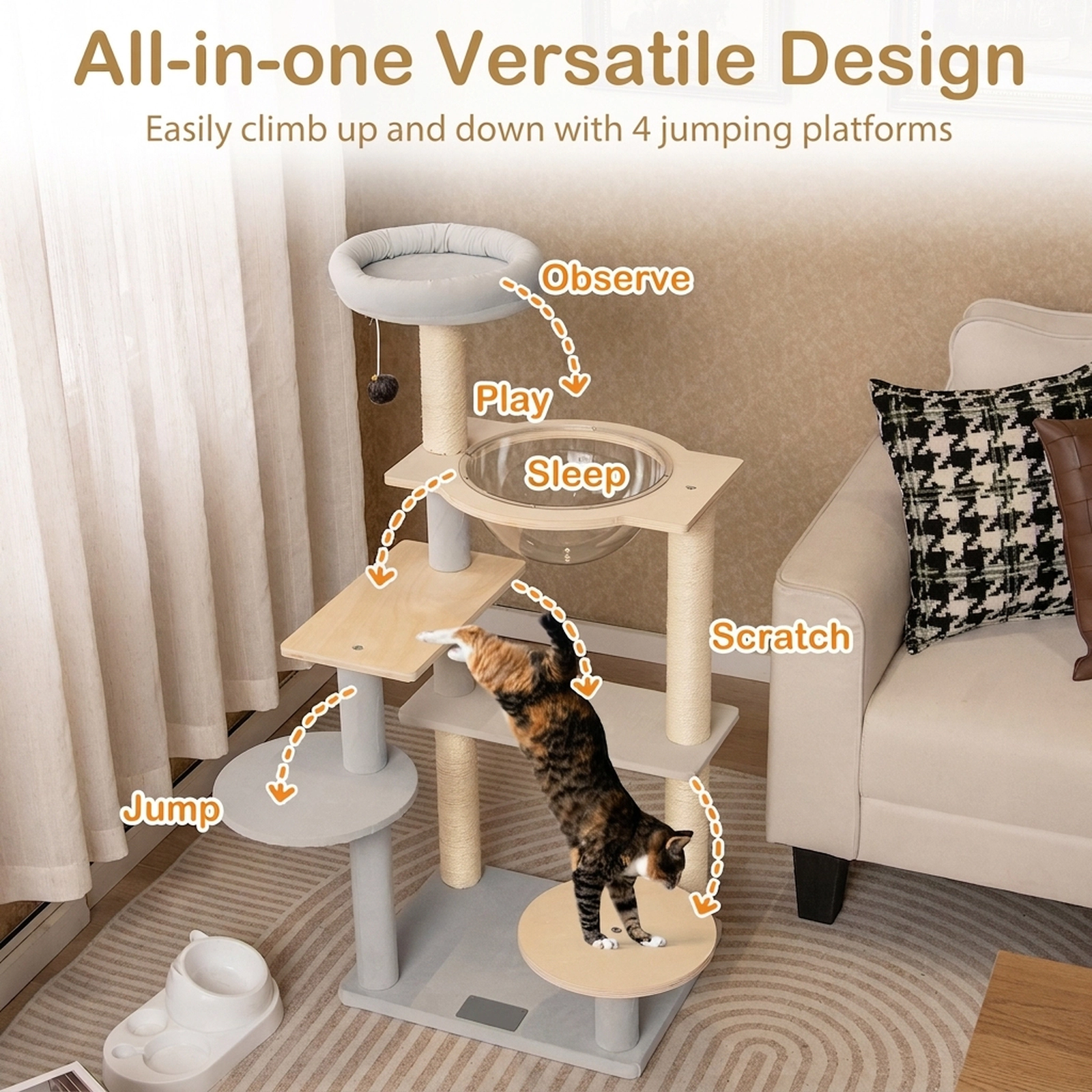 SUGIFT 44-in Natural Modern Cat Tree Tower with Transparent Space Capsule Padded Perch and Sisal Posts