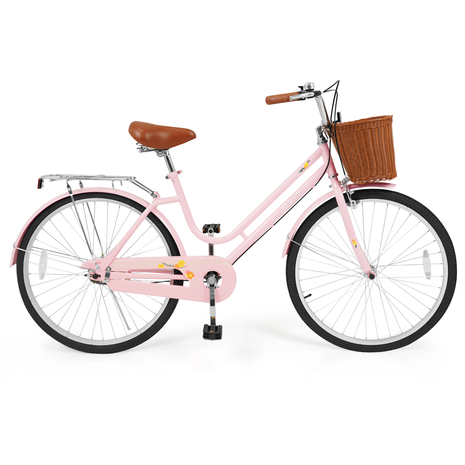 LJG 26 Inch Beach Cruiser Bike for Women with Woven Basket and Rear Rack