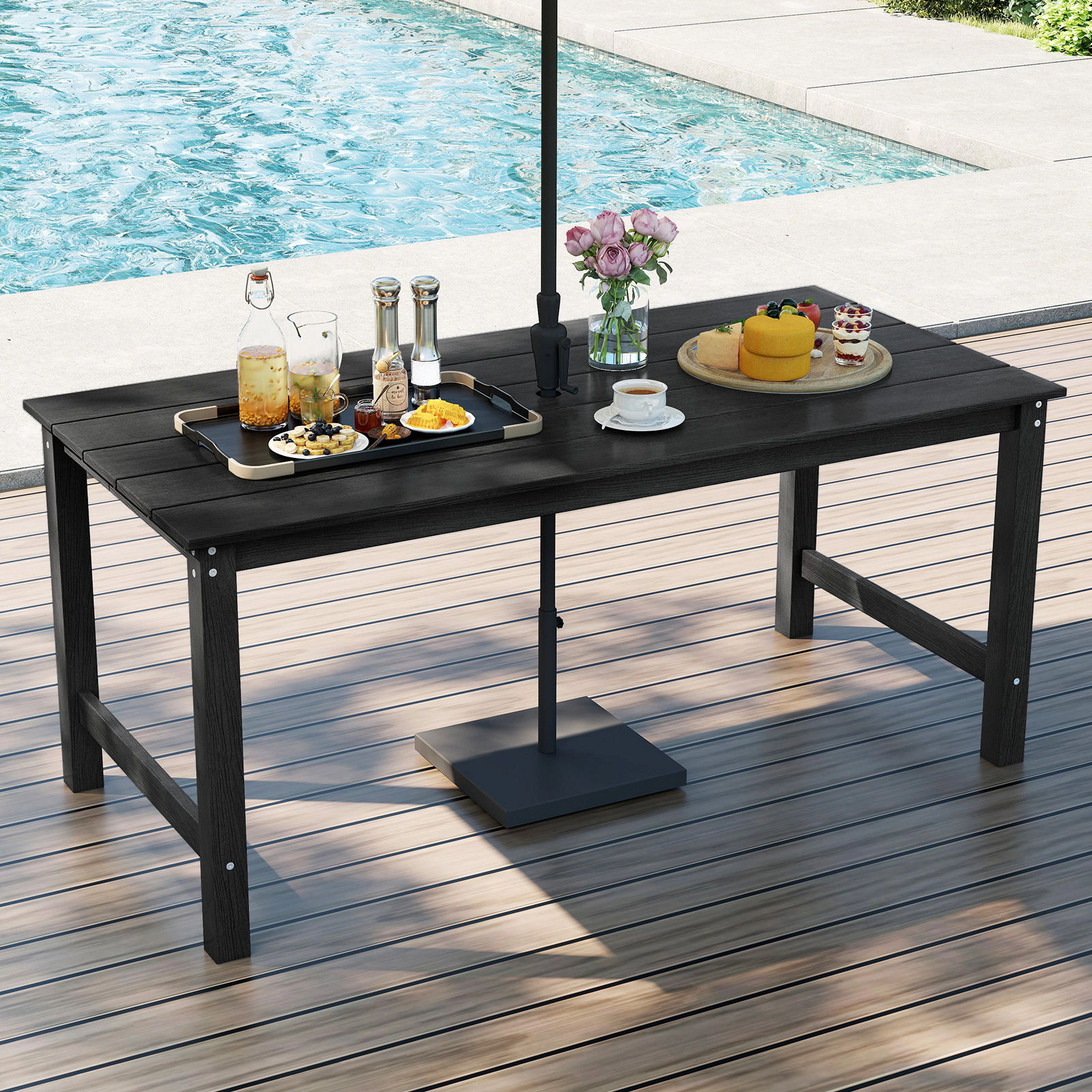 SUGIFT 67-Inch Black HDPE Outdoor Patio Dining Table for 6, Wood-Look Top with Umbrella Hole